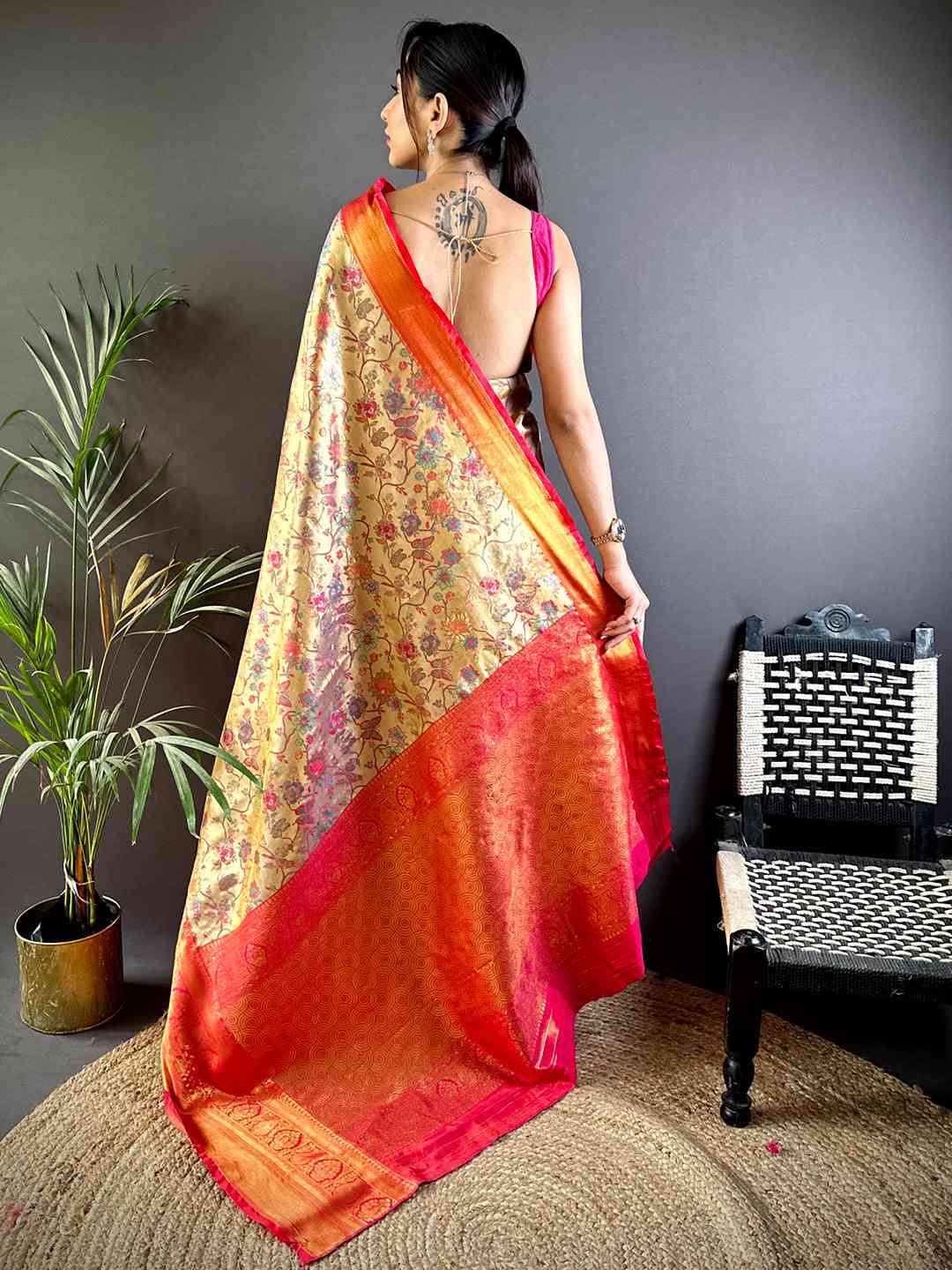 Elegant Red Butterfly Floral Dharmavaram Saree by My Store