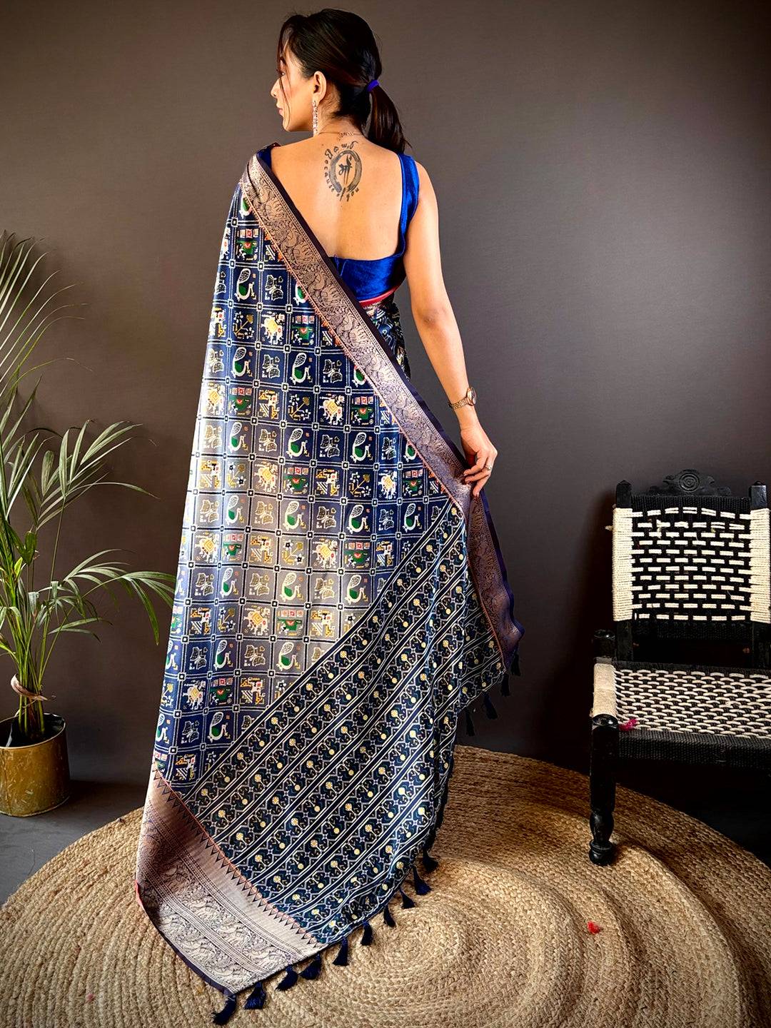 Ombre Navy Soft Silk Patola Print Saree by My Store