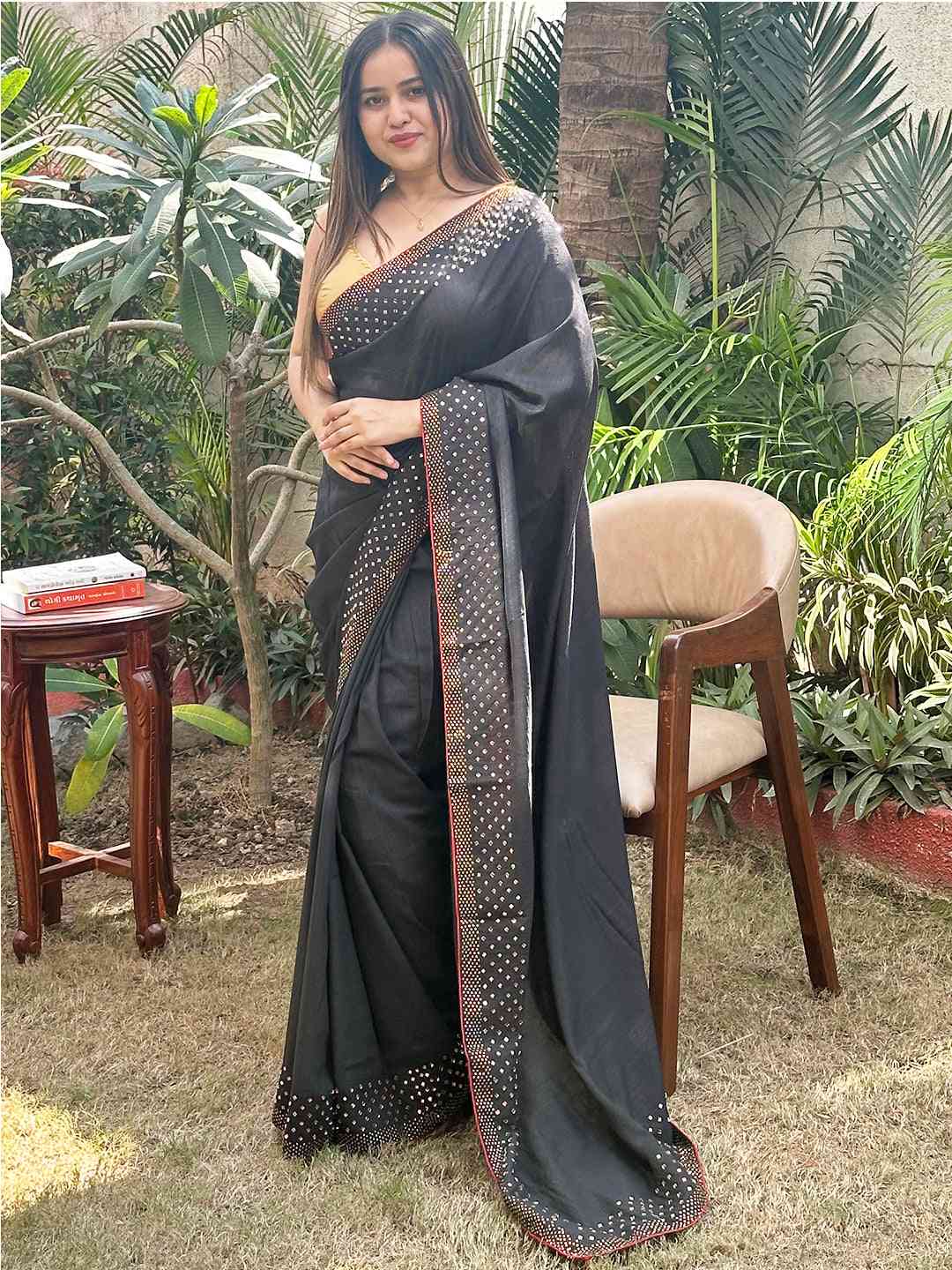 Black colour Vichitra Silk Saree With Embellish Swarovski Stone work