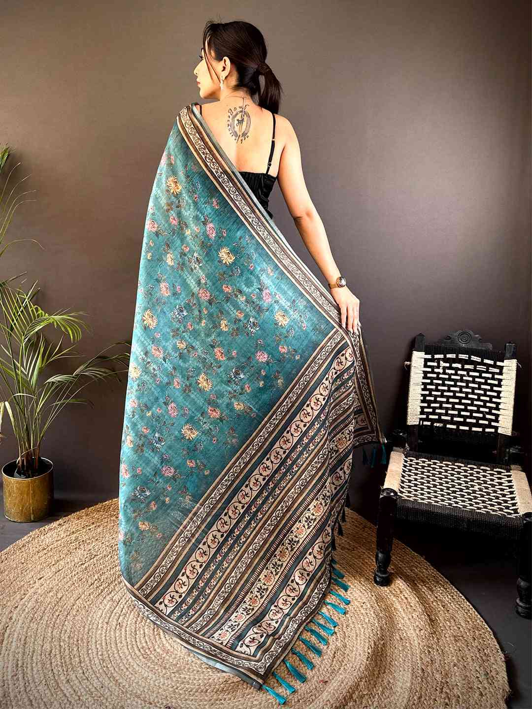 Teal Gold Zari Chanderi Phulkari Saree by My Store