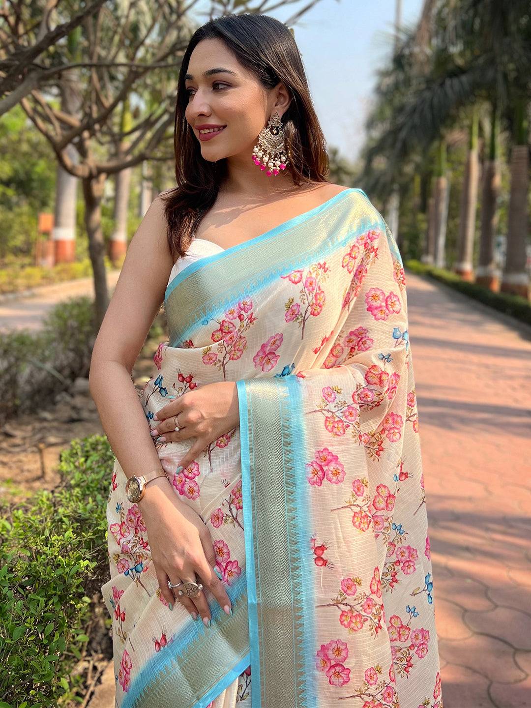 Cream Kota With Digital Floral Printed Saree by My Store