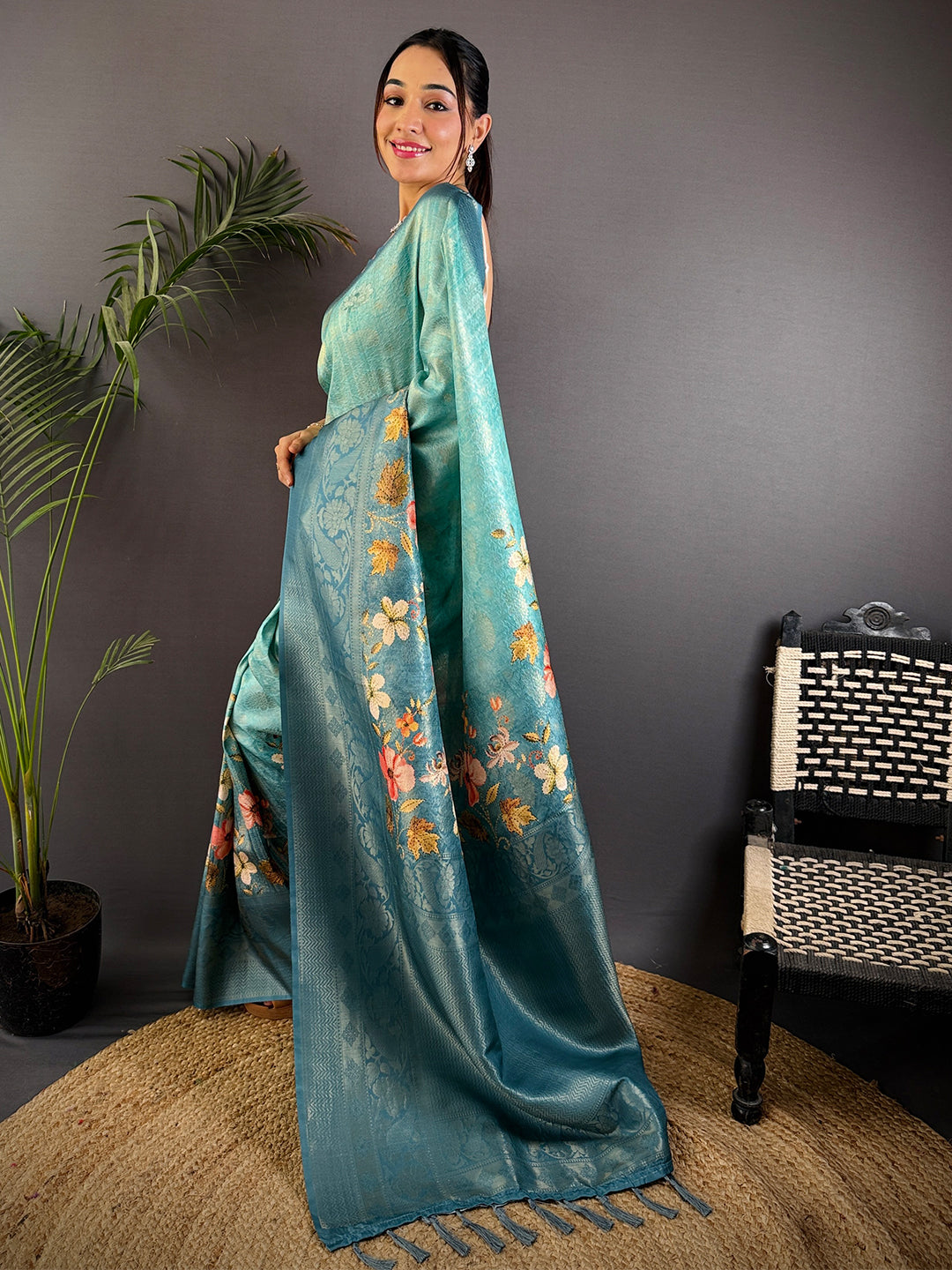 Denim Blue Kanjivaram Silk Digital Print Saree by My Store