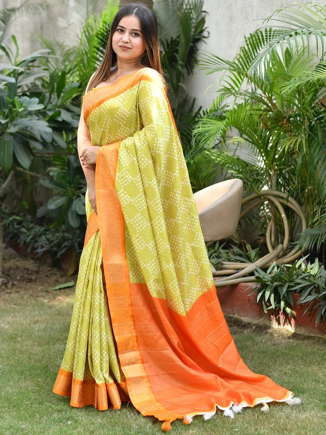 Lime Colour Soft Silk Bandhej Print Saree by My Store