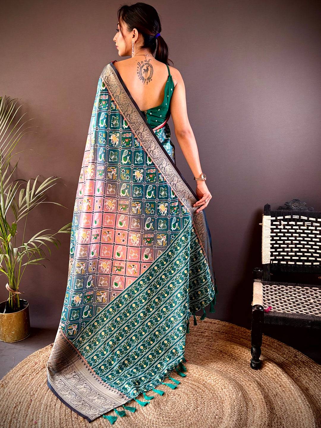Ombre Rama Soft Silk Patola Print Saree