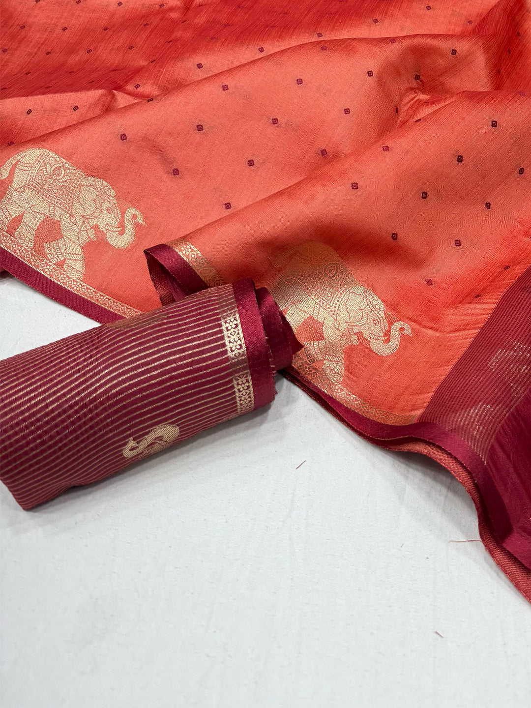 Peach Pure Silk Bandhani Butti Saree by My Store