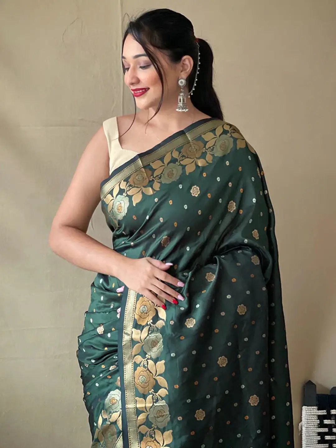 Bottle Green Colour Banarasi Silk Zari Woven Saree by My Store