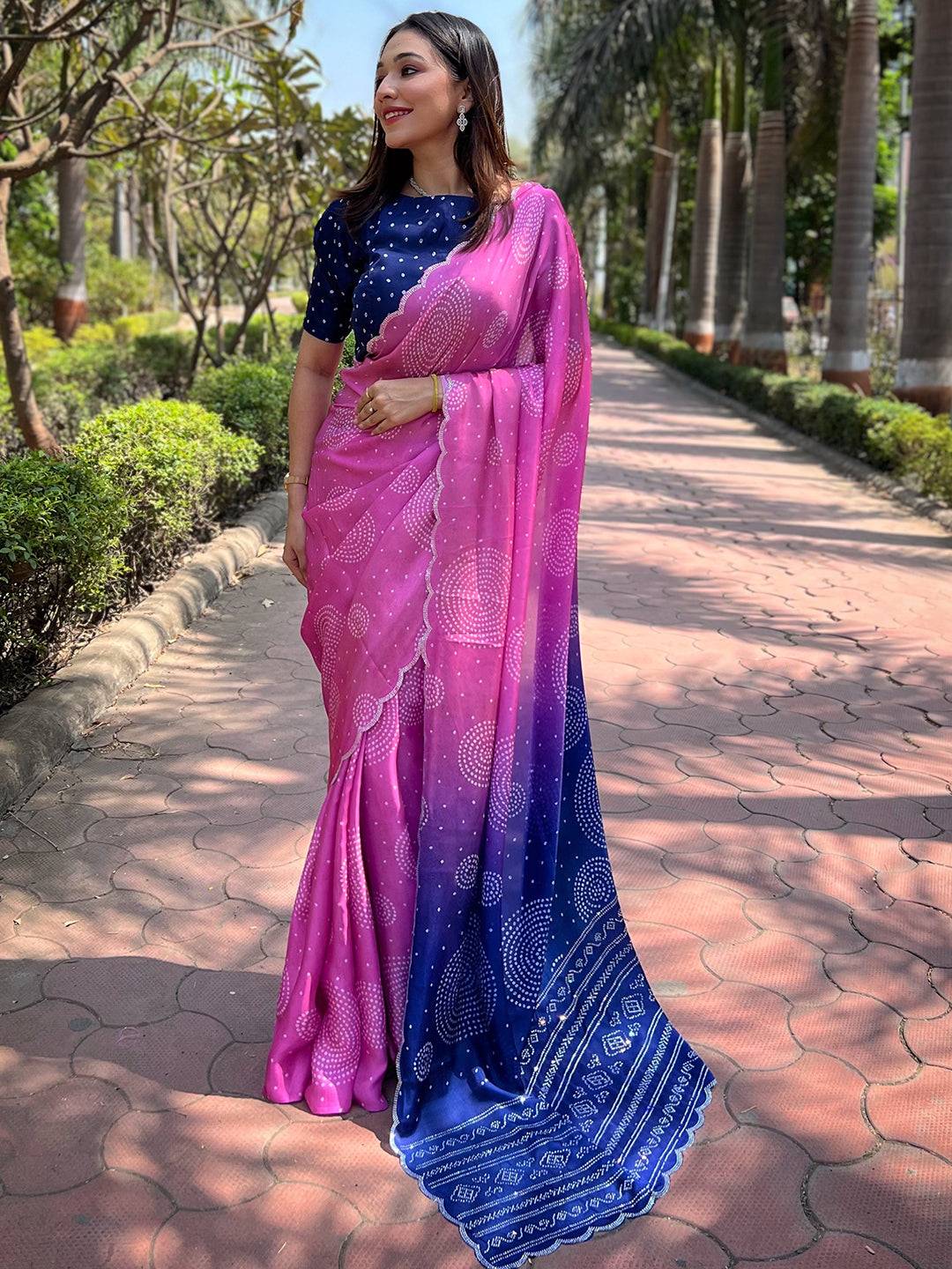 Pink Georgette Silk Saree with Ombre Bandhej Print & Swaroski Stone Work by My Store