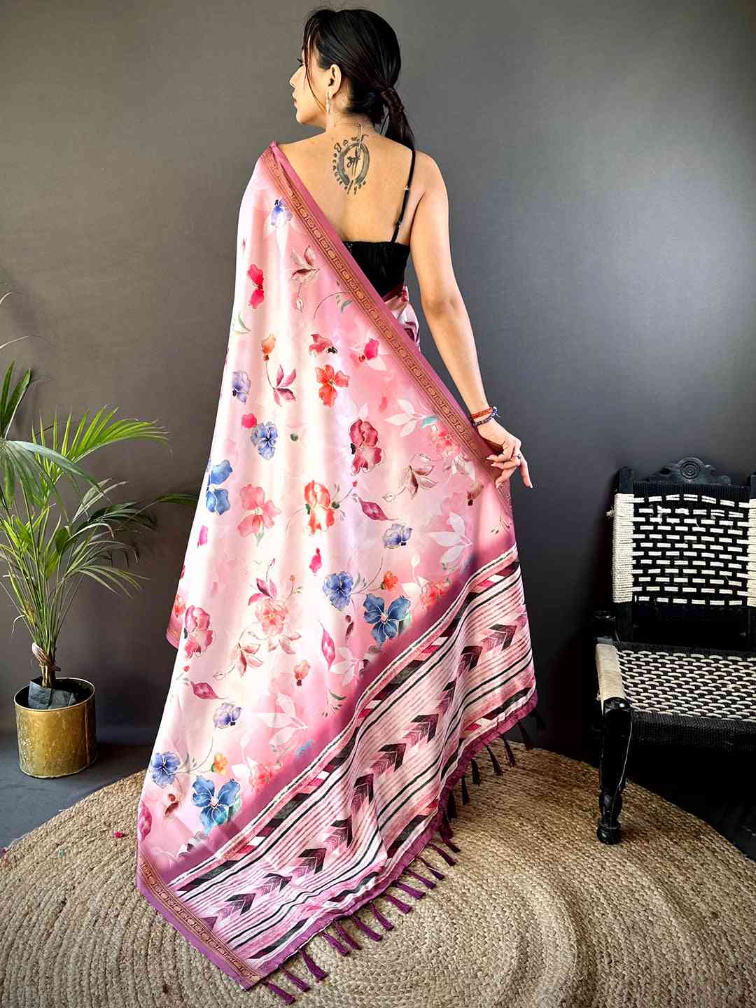 Blush Pink Floral Digital Print Silk Saree by My Store