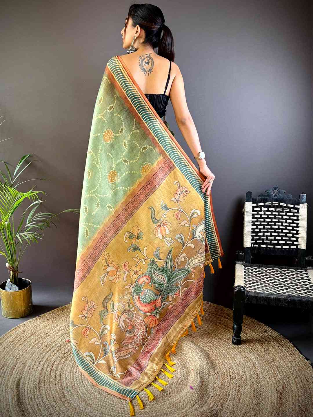 Fern Green Floral Chanderi Saree by My Store