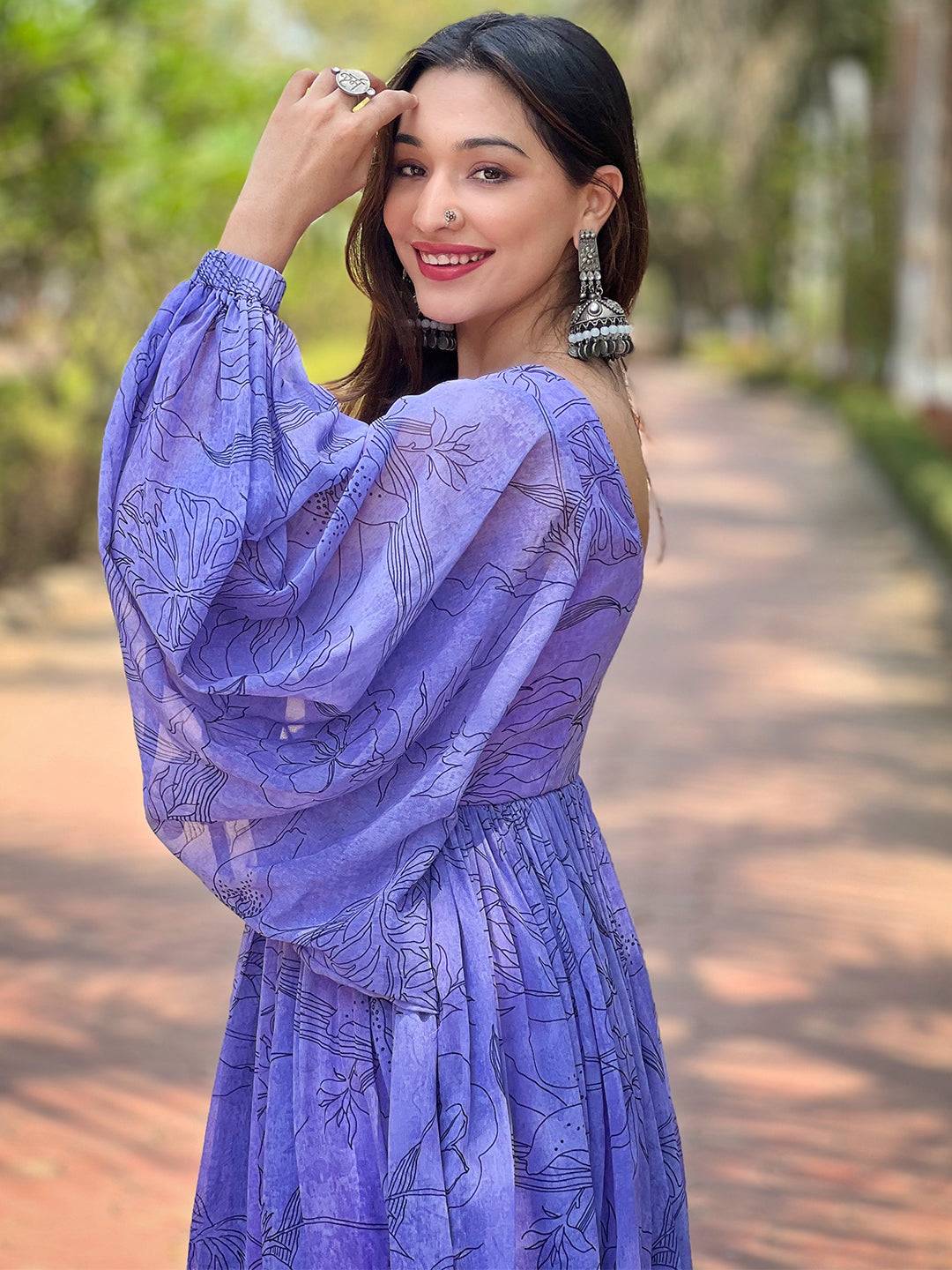 Slate Blue Dolman Puff Sleeve Dress by My Store