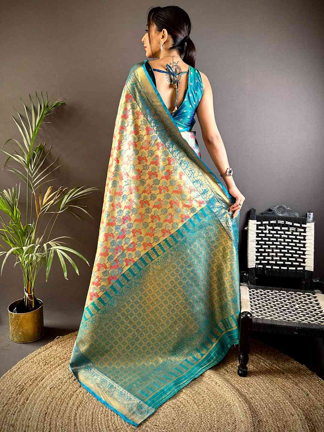 Serene Rama Floral Dharmavaram Silk Saree by My Store