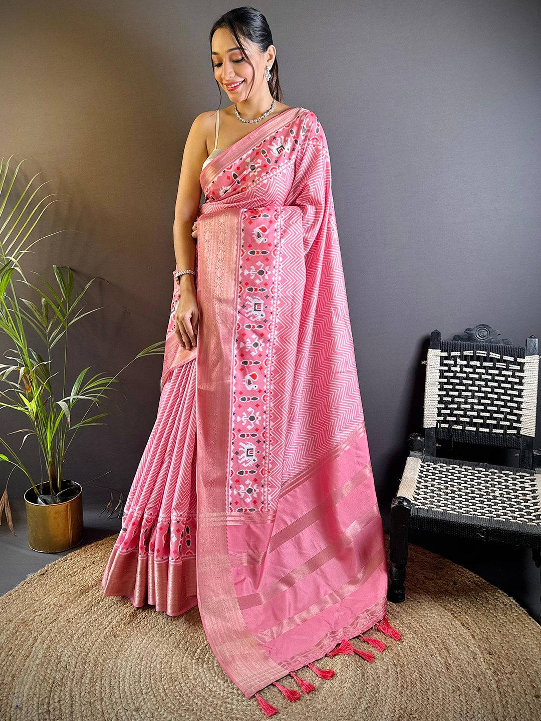 Rose Pink Zig Zag Kalamkari Kanchi Silk Saree by My Store
