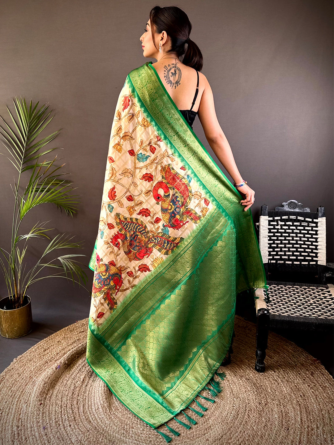 Green Banarasi Silk Pen Kalamkari Saree by My Store