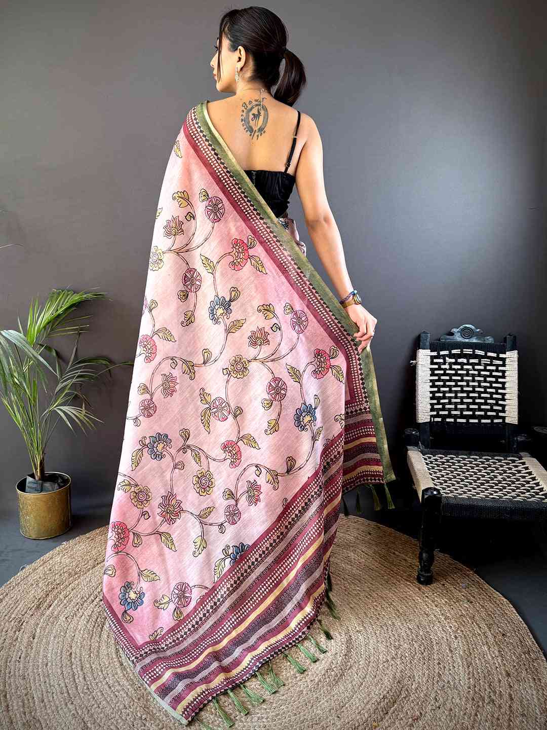 Rose Pink Zari Tussar Floral Saree by My Store