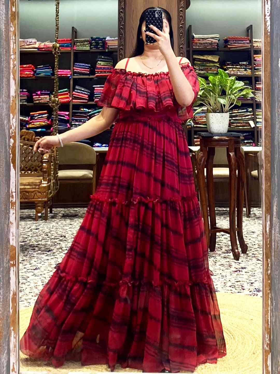 Tartan Print Off-Shoulder Ruffle Dress by My Store