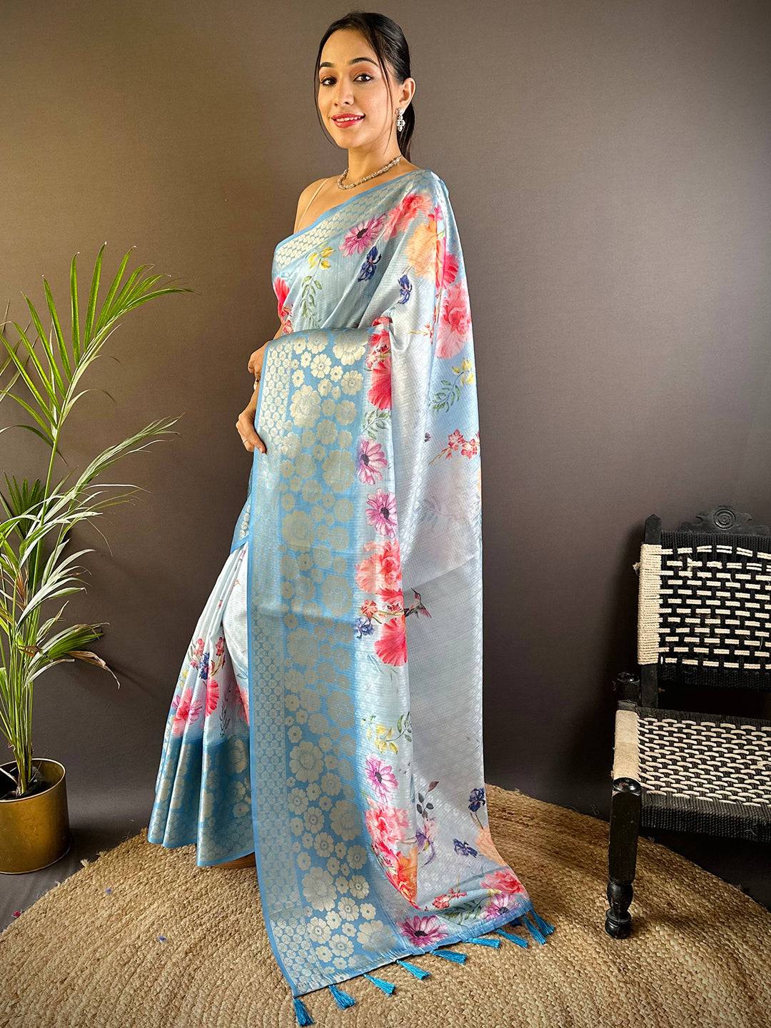 Sky Blue Kota Doriya Zari Floral Kanchi Border Saree by My Store
