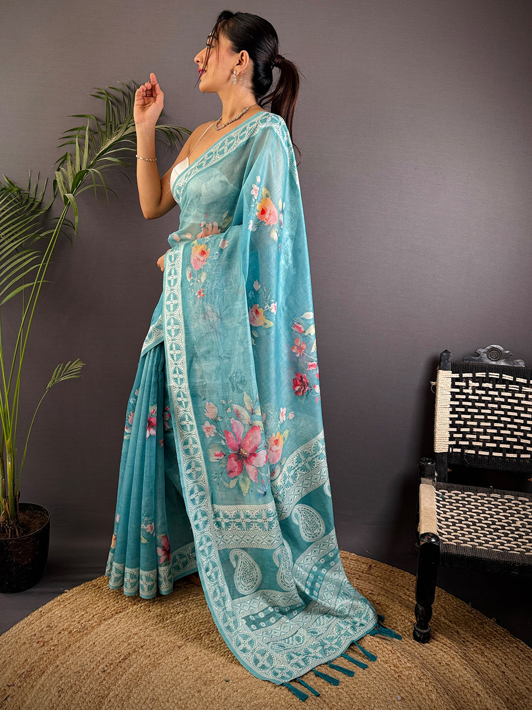 Sky Blue Lakhnavi Linen Digital Print Saree by My Store