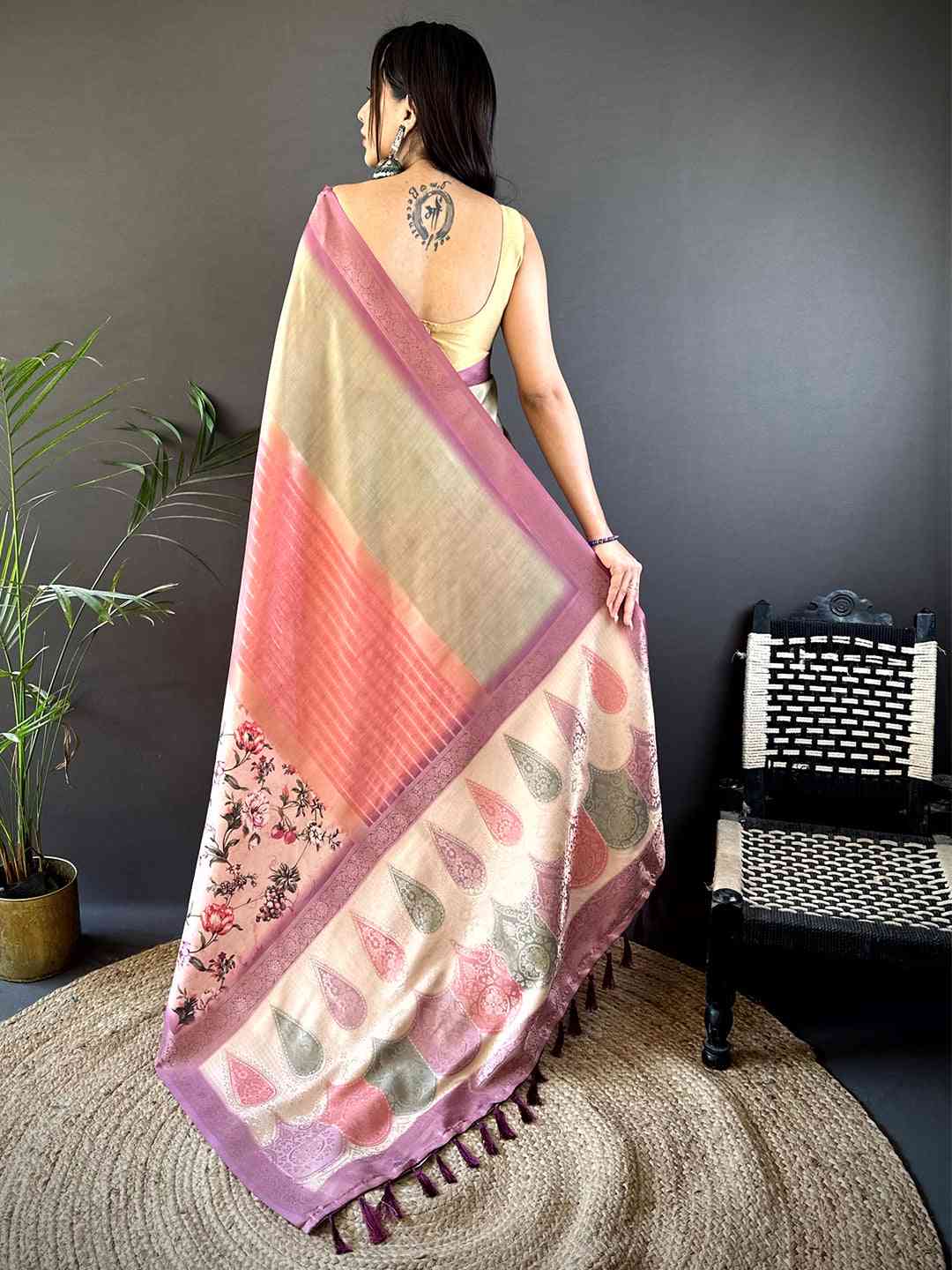 Beige Soft Silk Placement Digital Print Saree