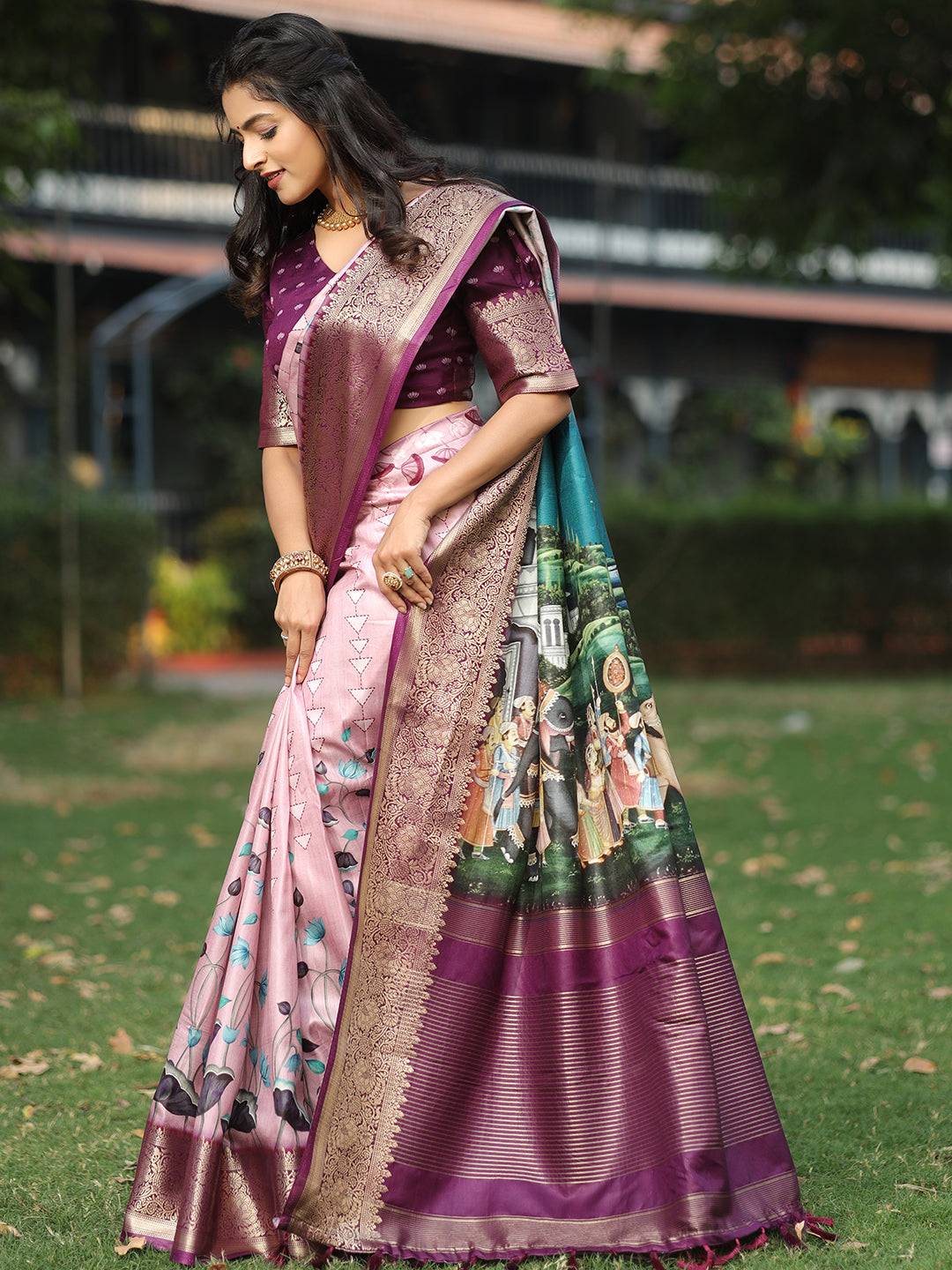 Viscose Dola Silk Pink Colour Saree with Floral and Mughal Print - Luxe