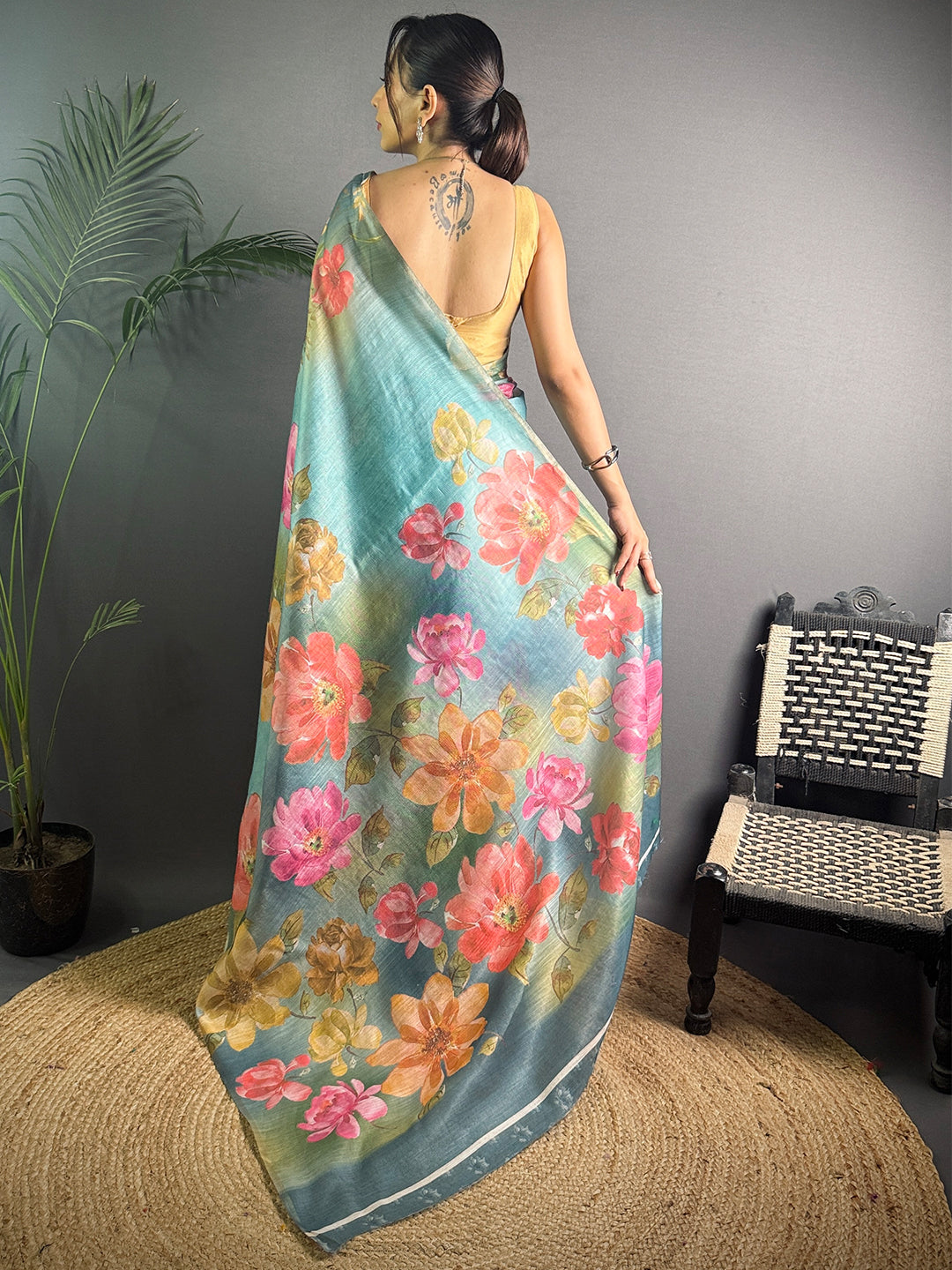 Teal Blue Linen Juth Digital Print Saree by My Store