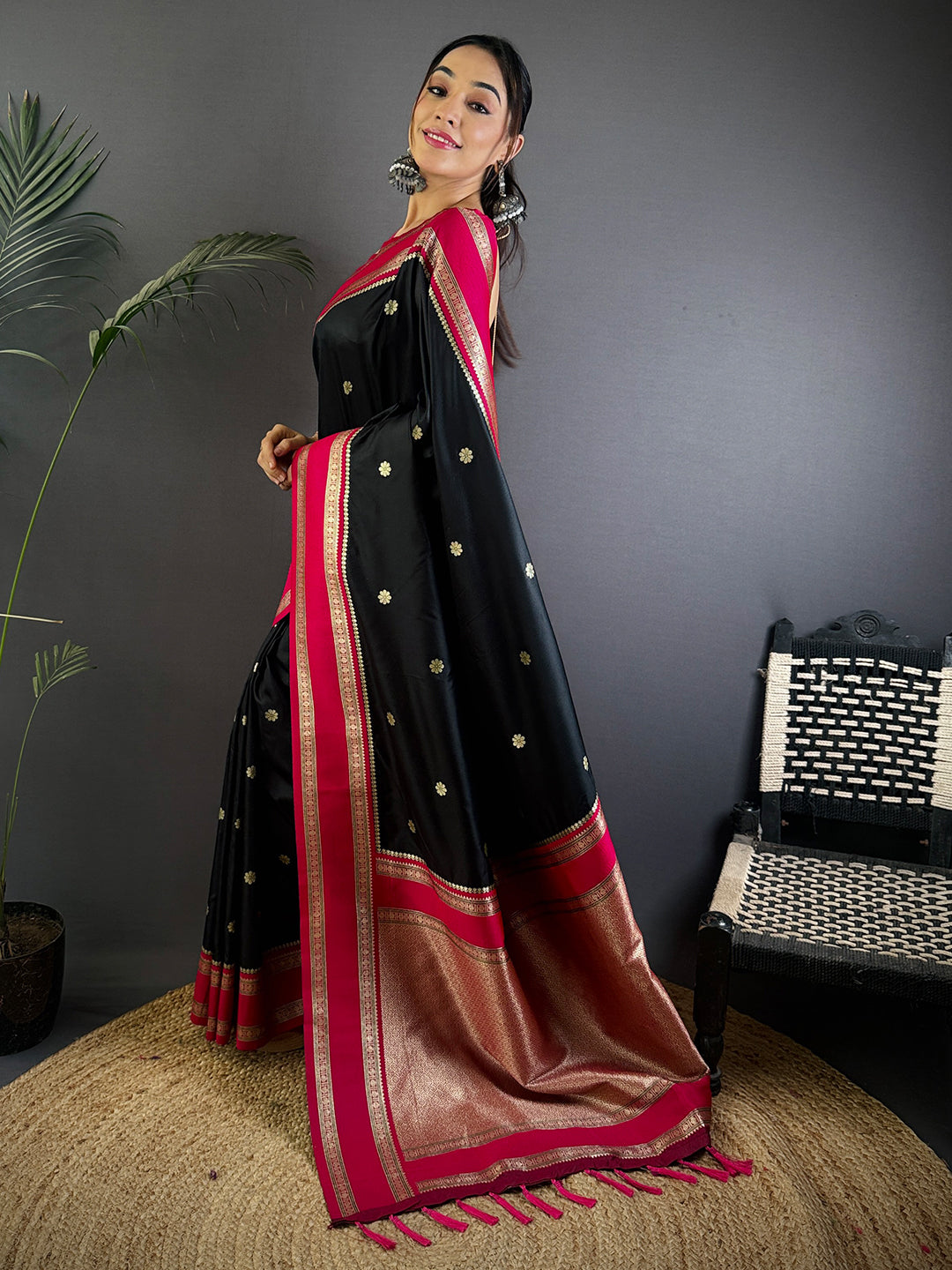Raven Black Soft Silk Floral Butta Saree by My Store
