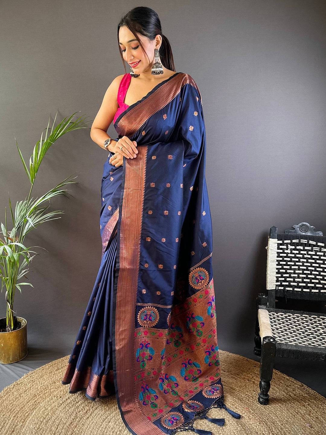 Navy Blue Copper Elegance Soft Silk Saree by My Store