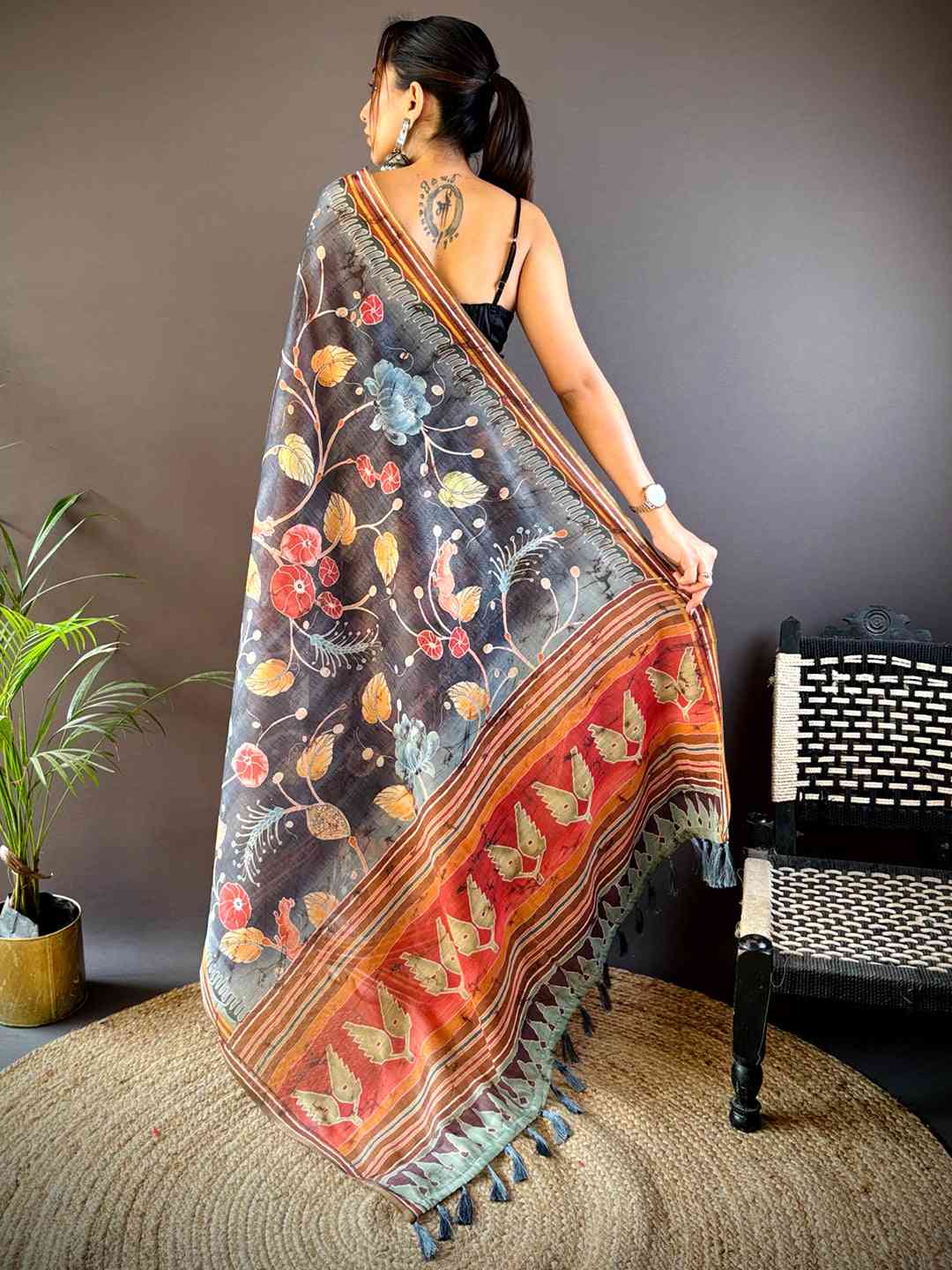 Black Tissue Chanderi Kalamkari Saree