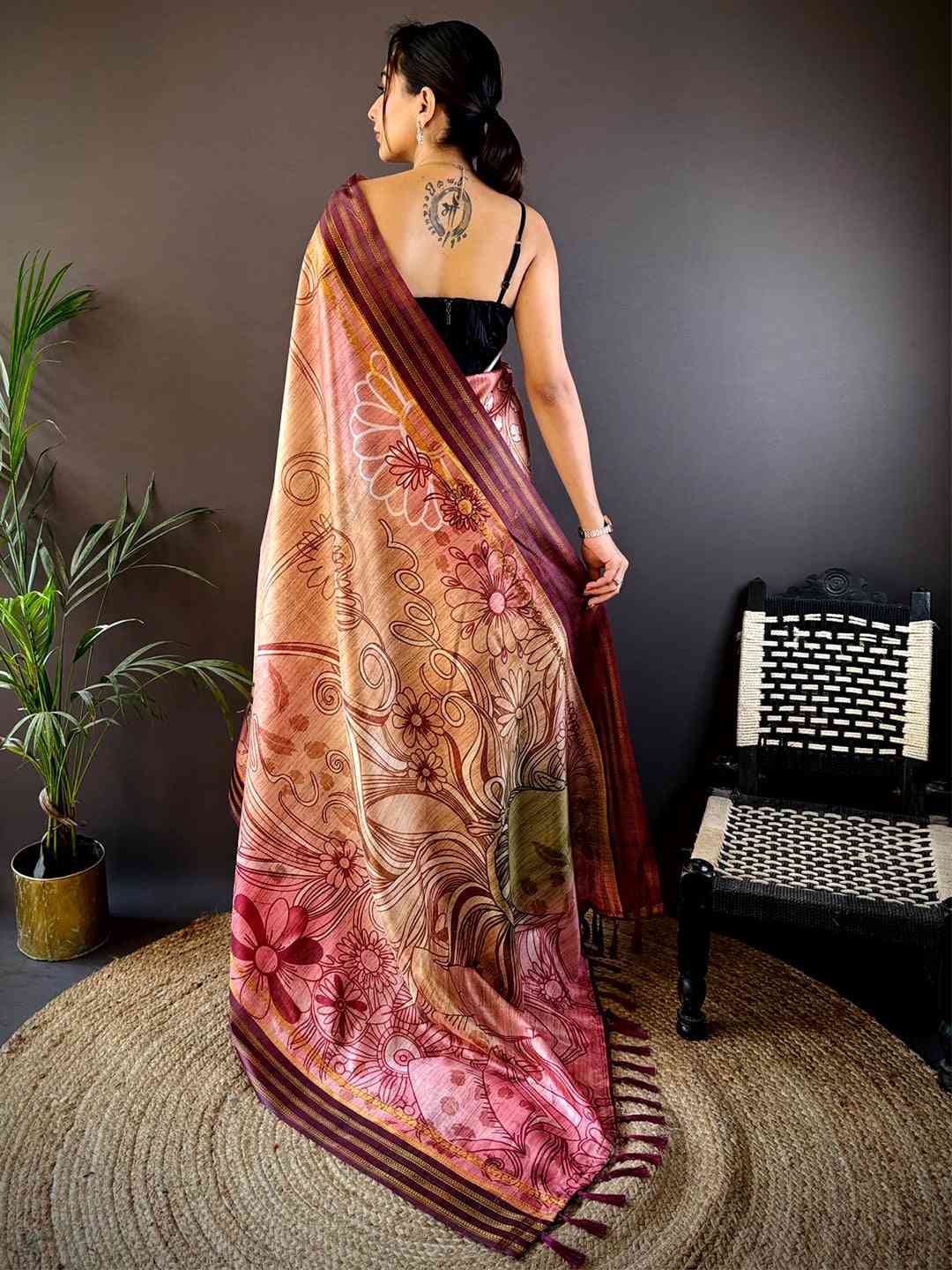 Peach Soft Silk Abstract Geometric Saree by My Store