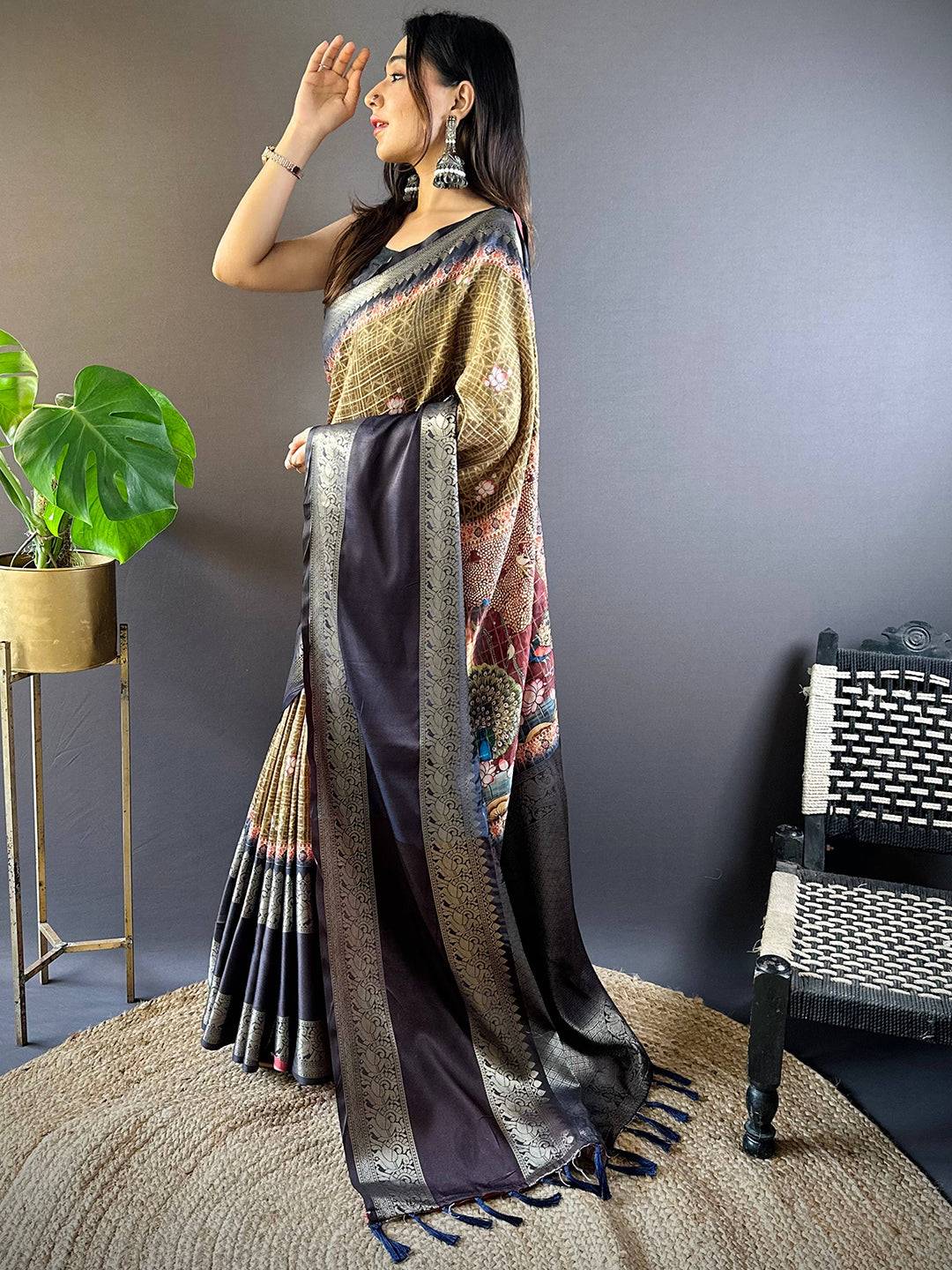 Olive Banarasi Pichwai Print Saree by My Store