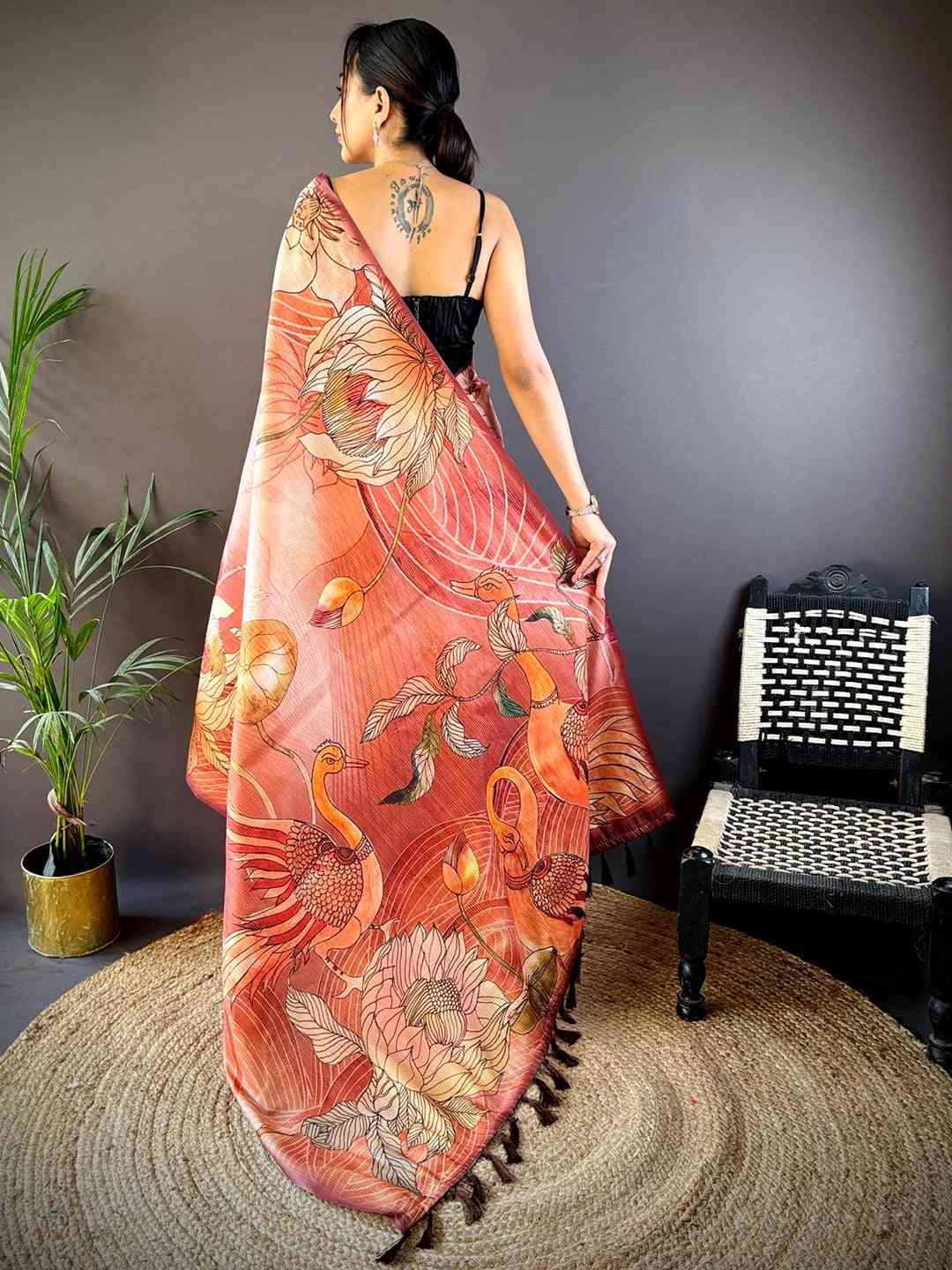 Flame Red Semi Zari Tussar Botanical Saree by My Store