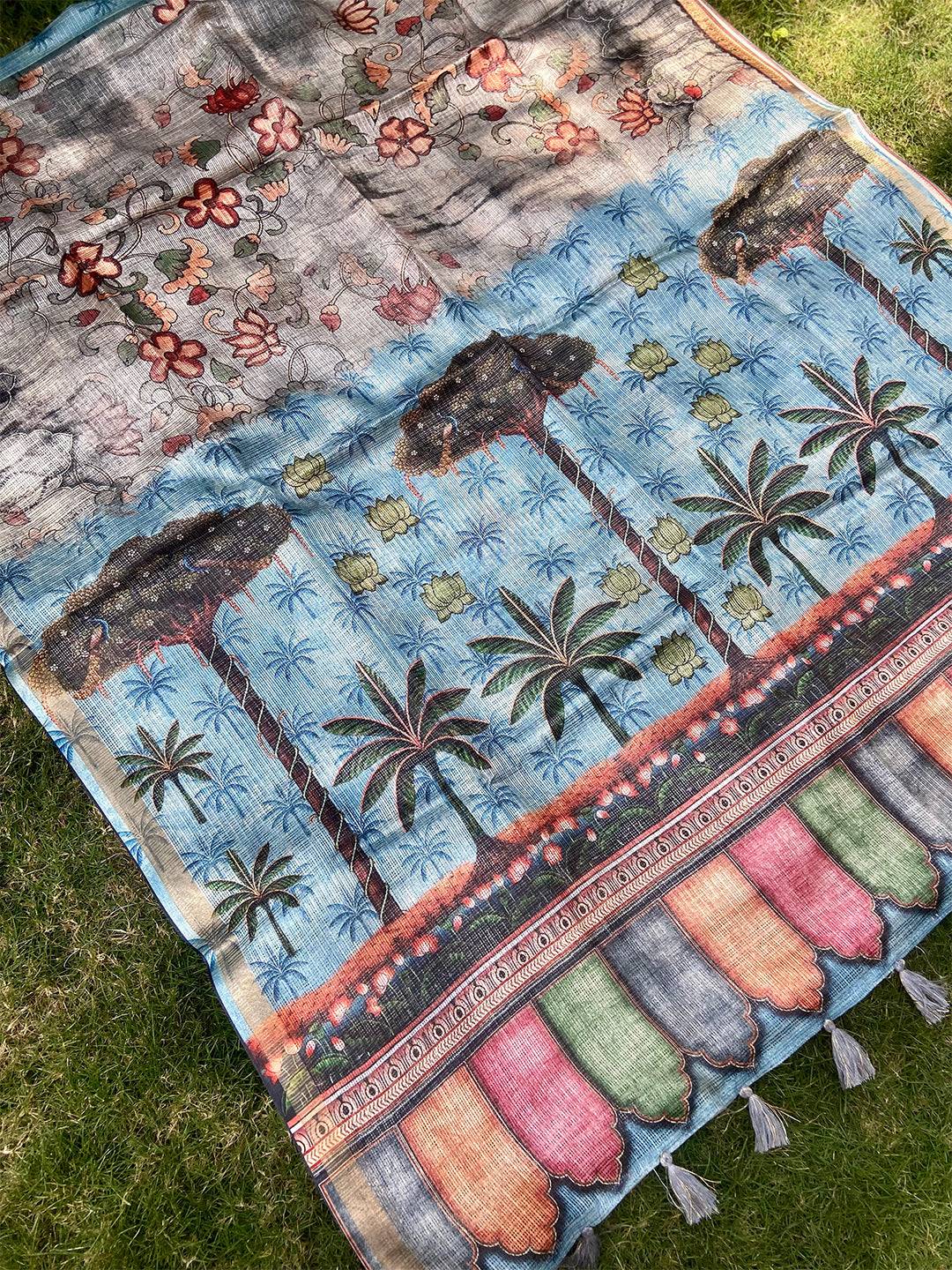 Grey Kota Doriya Silk Saree With Floral Print by My Store