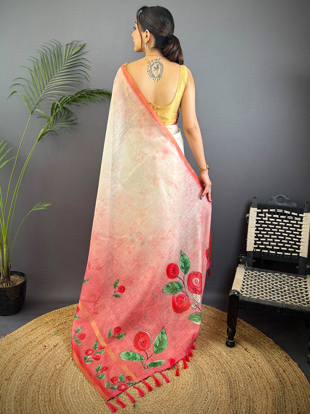 Red Linen Chanderi Floral Print Saree by My Store