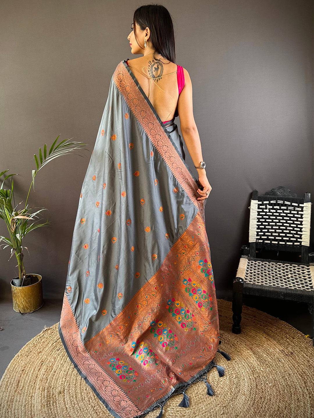 Grey Soft Silk Coppar Zari Weaving Saree by My Store