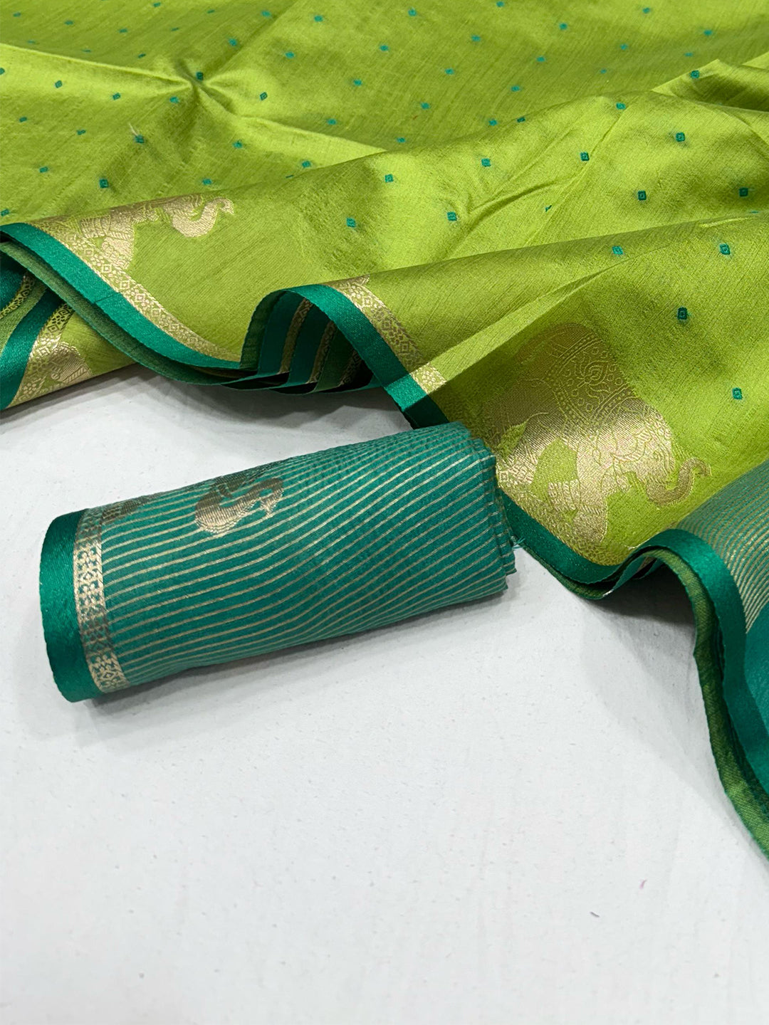 Green Pure Silk Bandhani Butti Saree by My Store