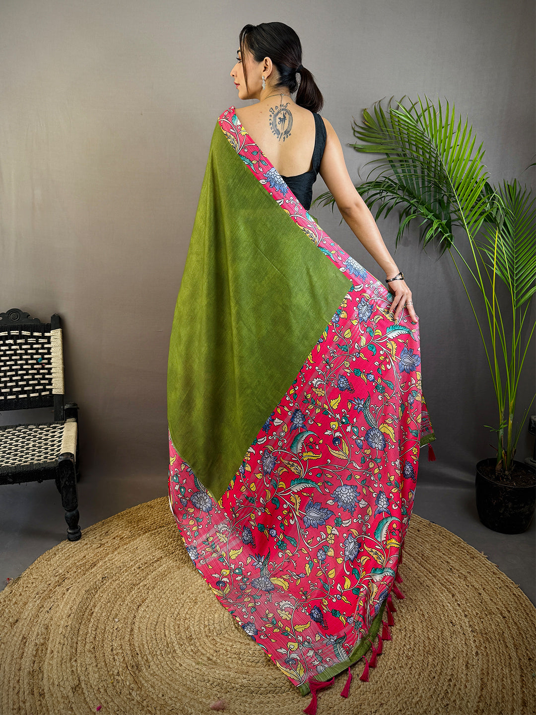 Olive Linen Kalamkari Print Saree by My Store