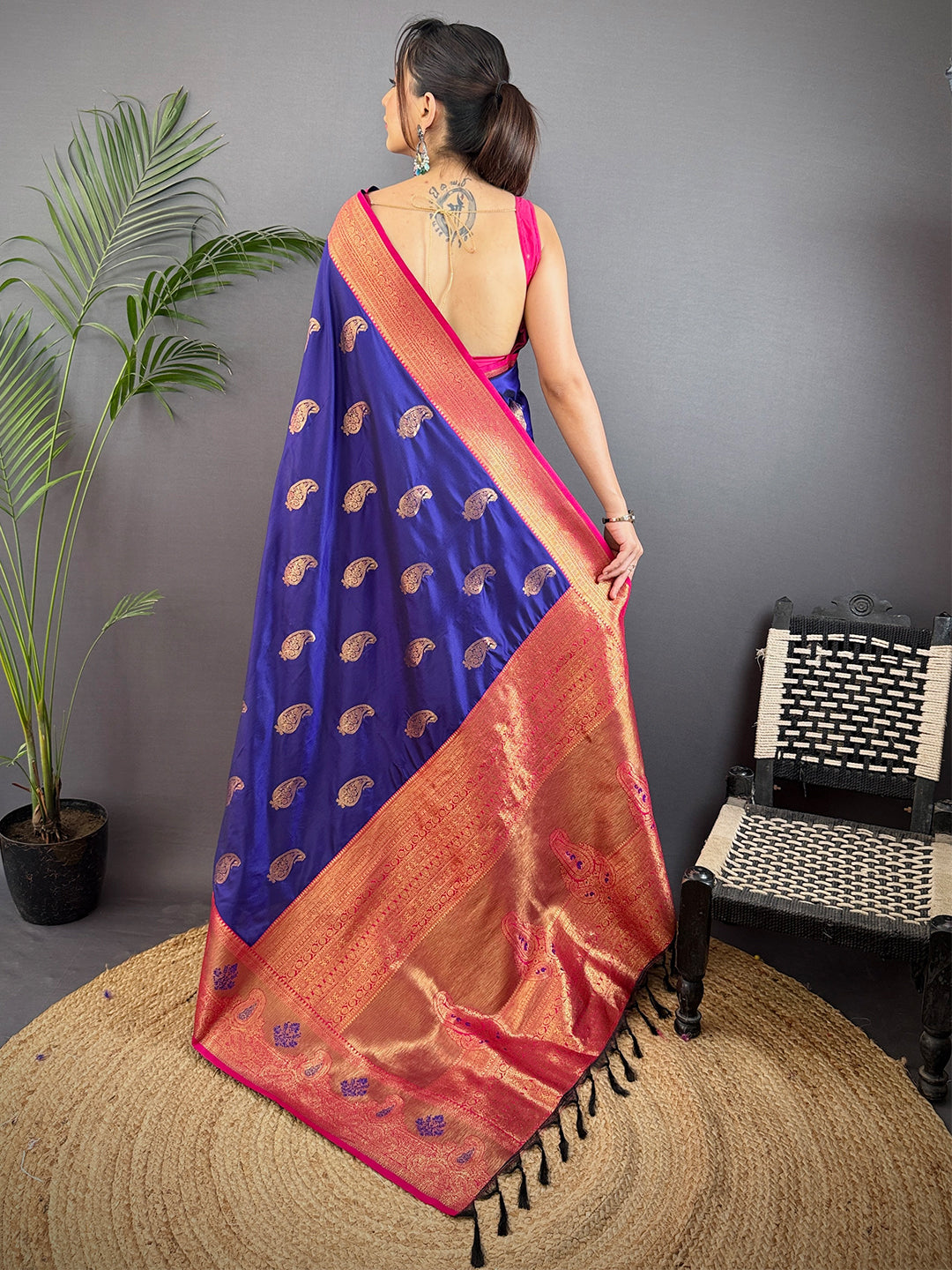Purple Meenakari Butti Soft Gadwal Silk Saree by My Store