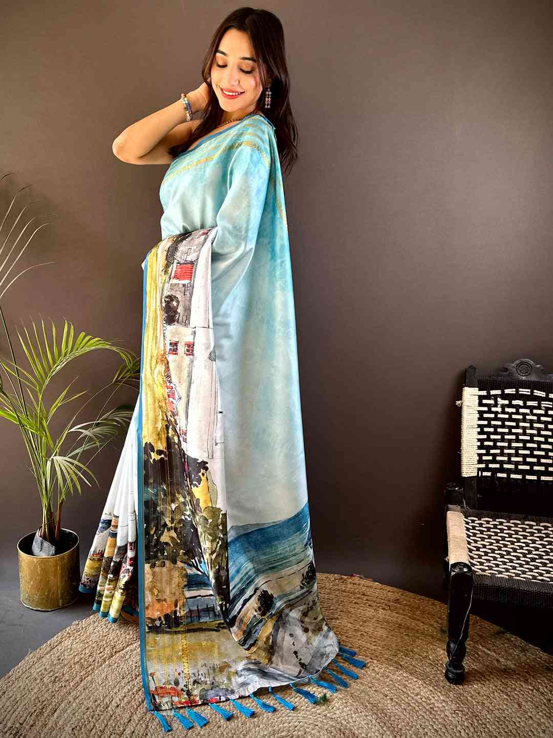 Sky Blue Japanese Freehand Digital Print Saree by My Store