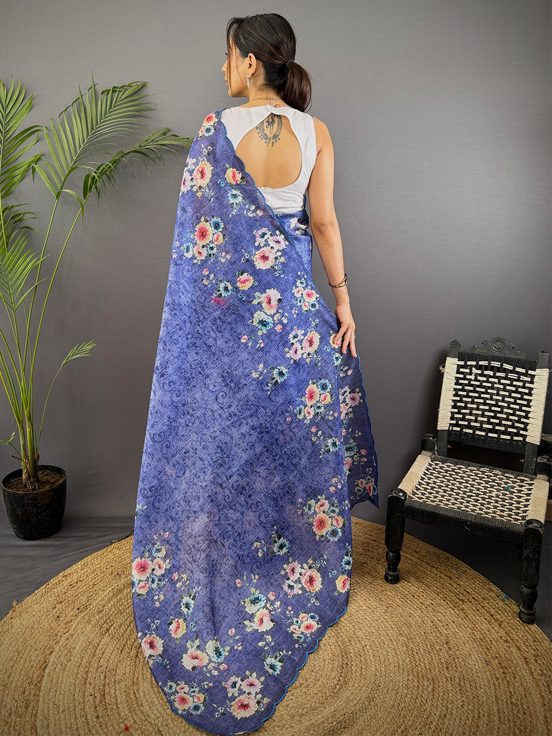 Royal Blue Kota Floral Digital Cut Work Saree by My Store
