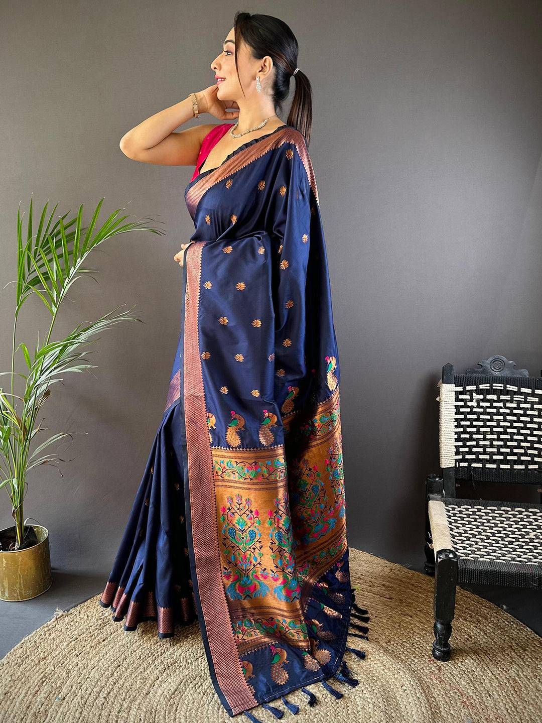 Copper Allure Soft Silk Navy Blue Saree by My Store