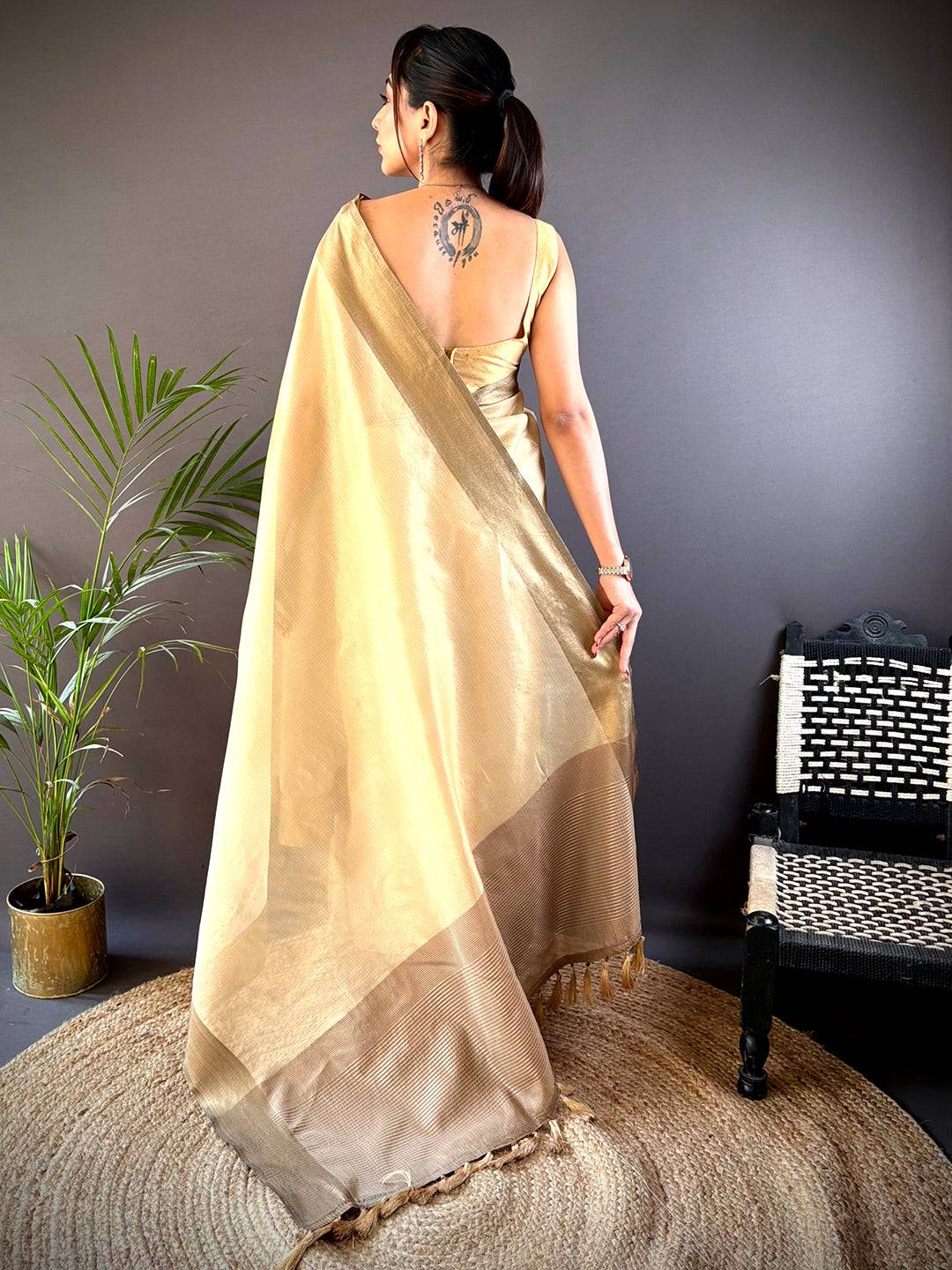 Gold Banarasi Tissue Silk Butti Design Saree by My Store
