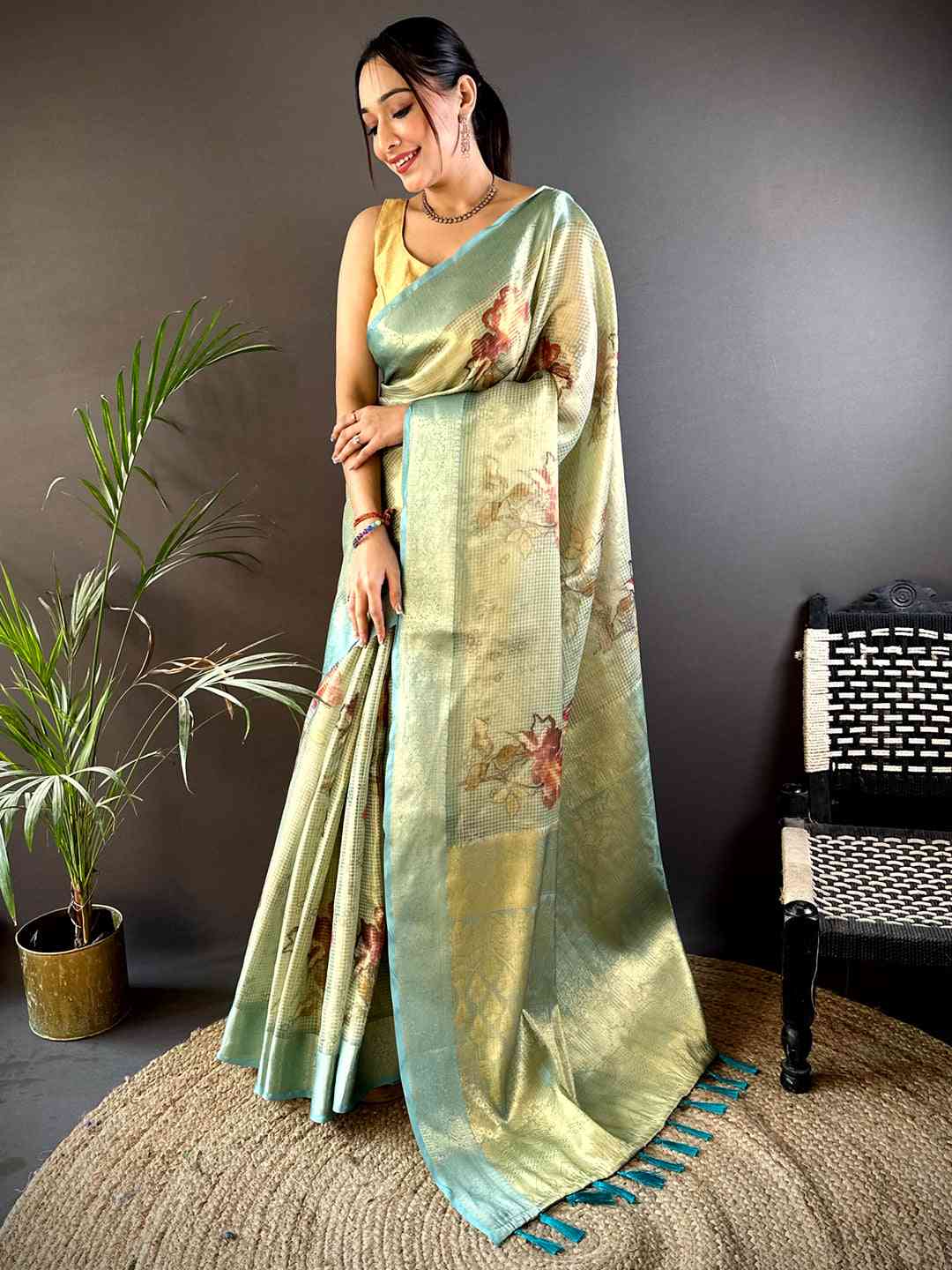 Stylish Green Self Gold Zari Floral Print Saree by My Store