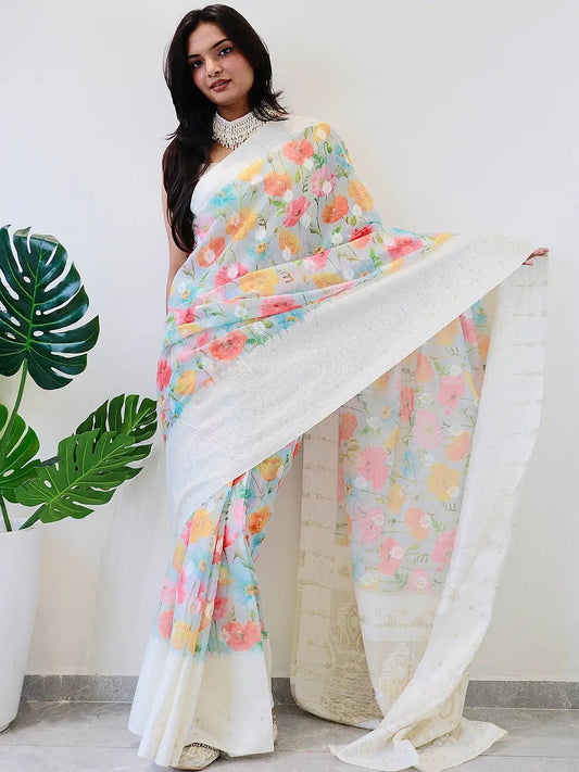 Multi Colour Digital Print Bollywood Saree in Lakhnavi Slub Pattern by My Store
