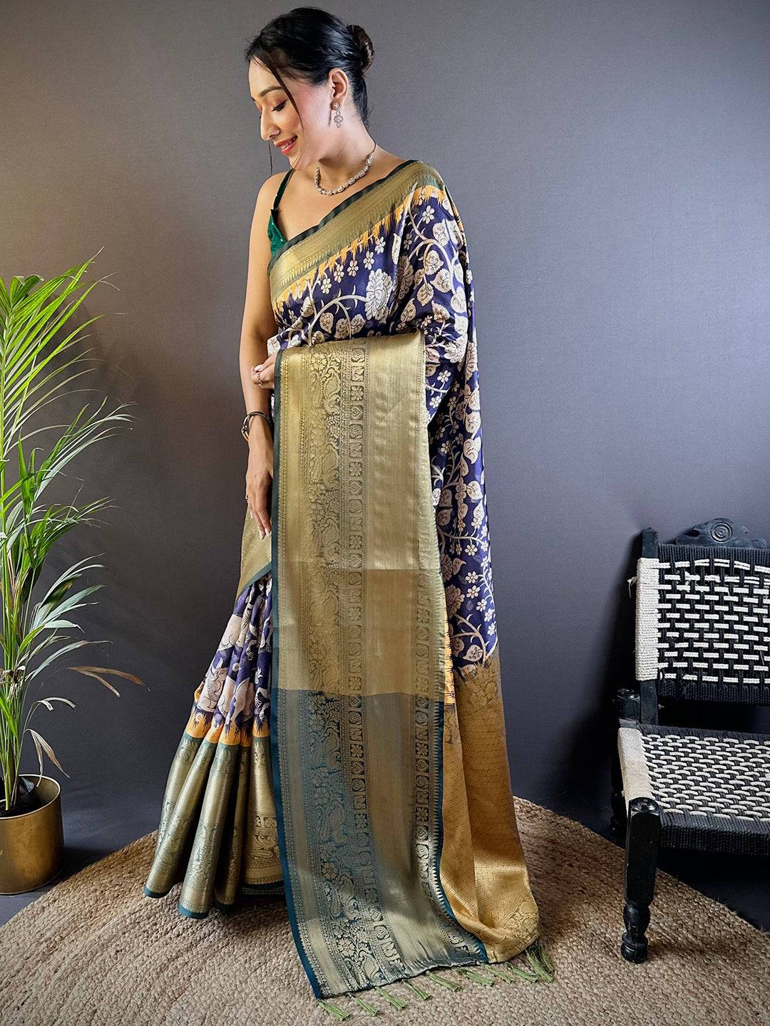 Intricate Ink Blue Banarasi Silk Saree by My Store