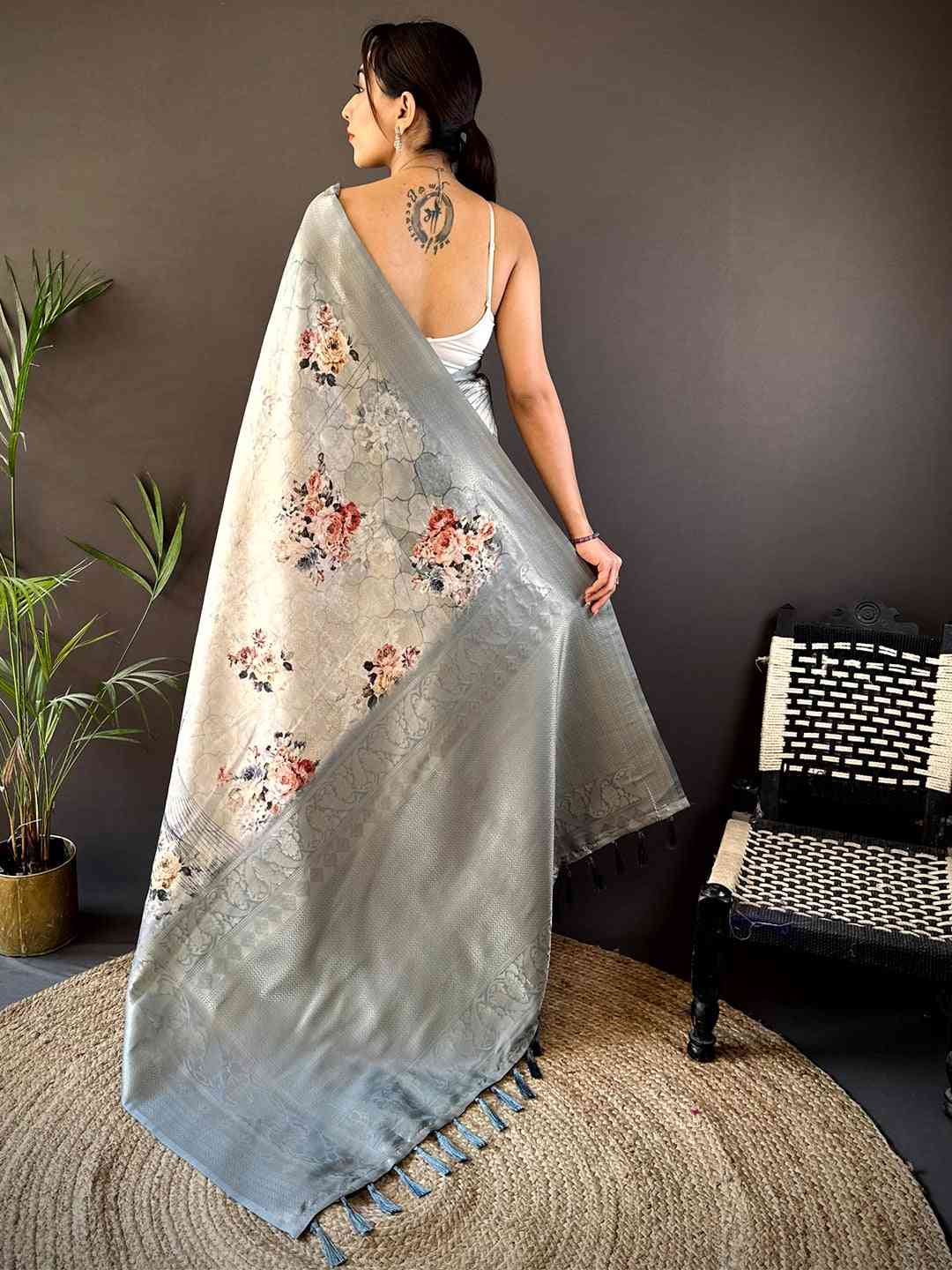Pastel Blue Kanjivaram Digital Silk Saree by My Store