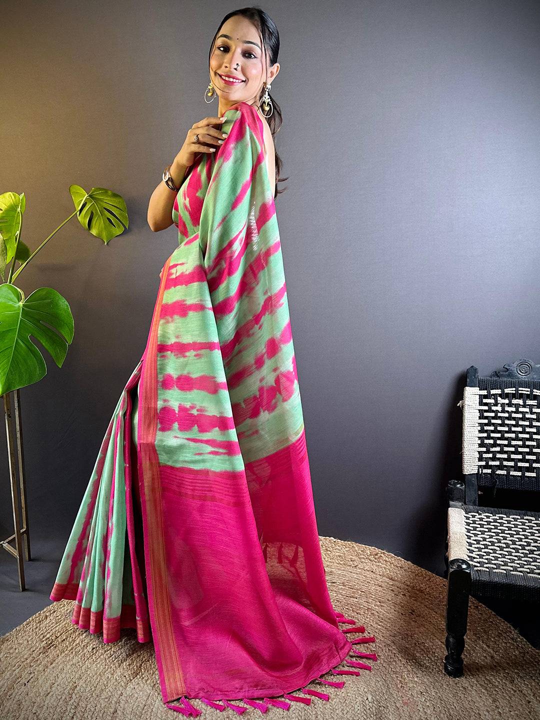 Pista Shibori Print Linen Saree by My Store