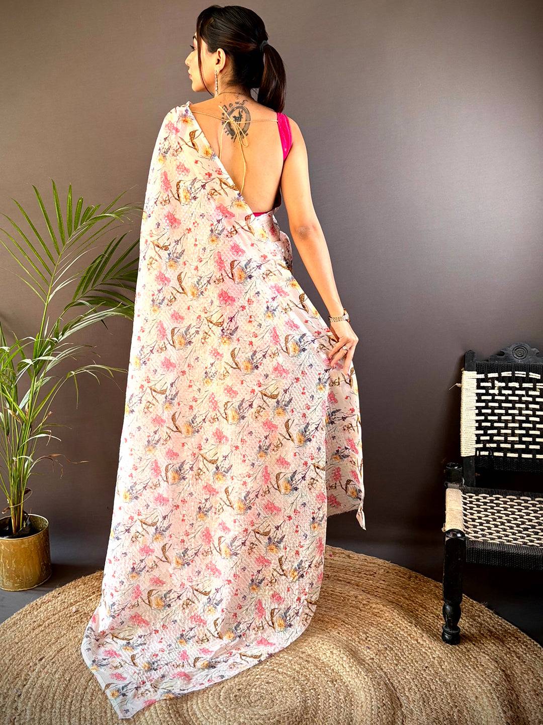 Peach Soft Tebi Silk Sequin Work Saree by My Store