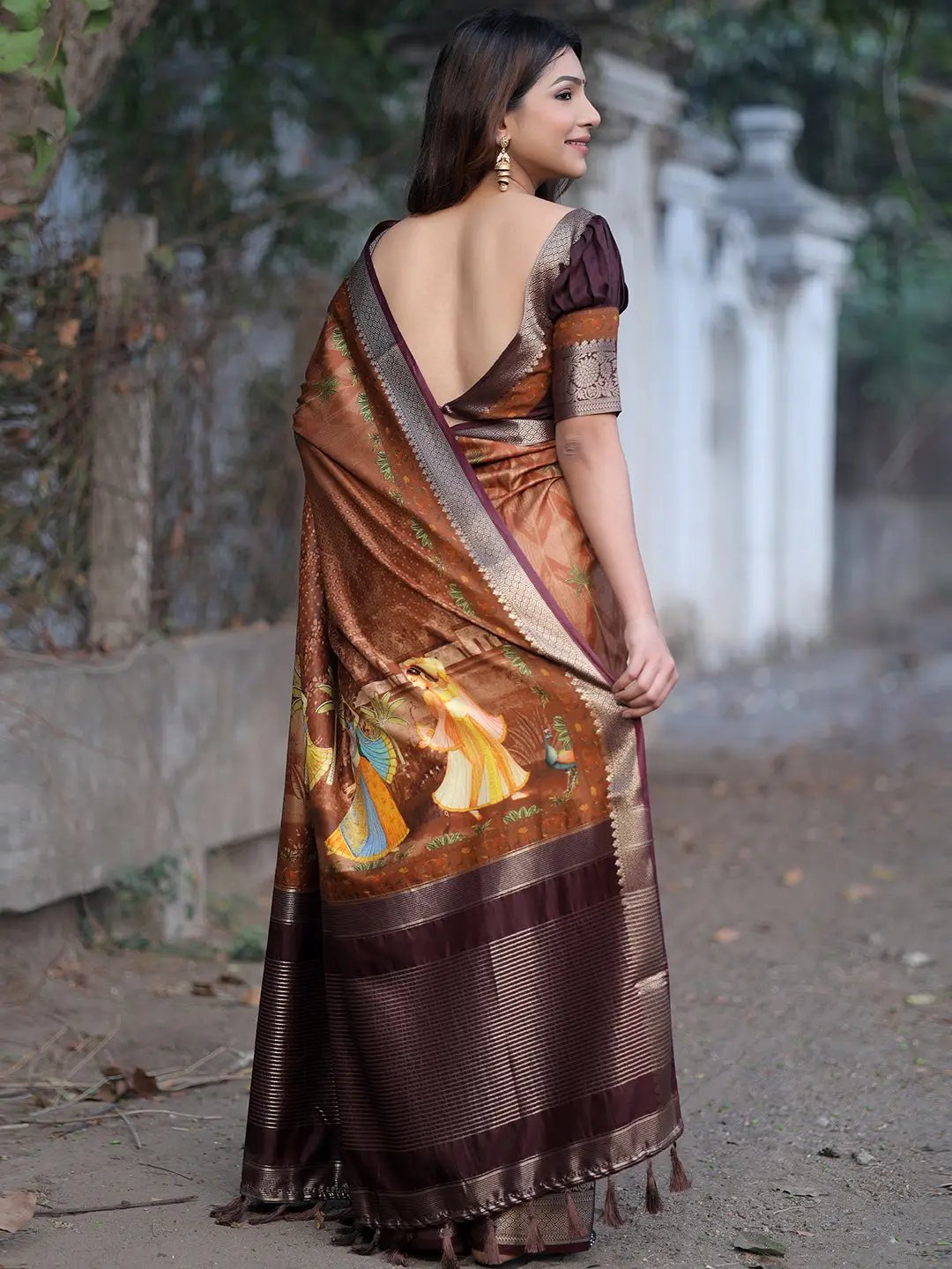 Coffee Brown Colour Pure Viscose Dola Silk Saree with Pichwai Kalamkari Print - Luxe
