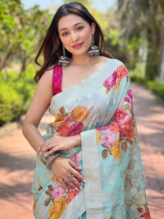 Light Green Lakhnavi Bandla Zari Weaving Saree by My Store