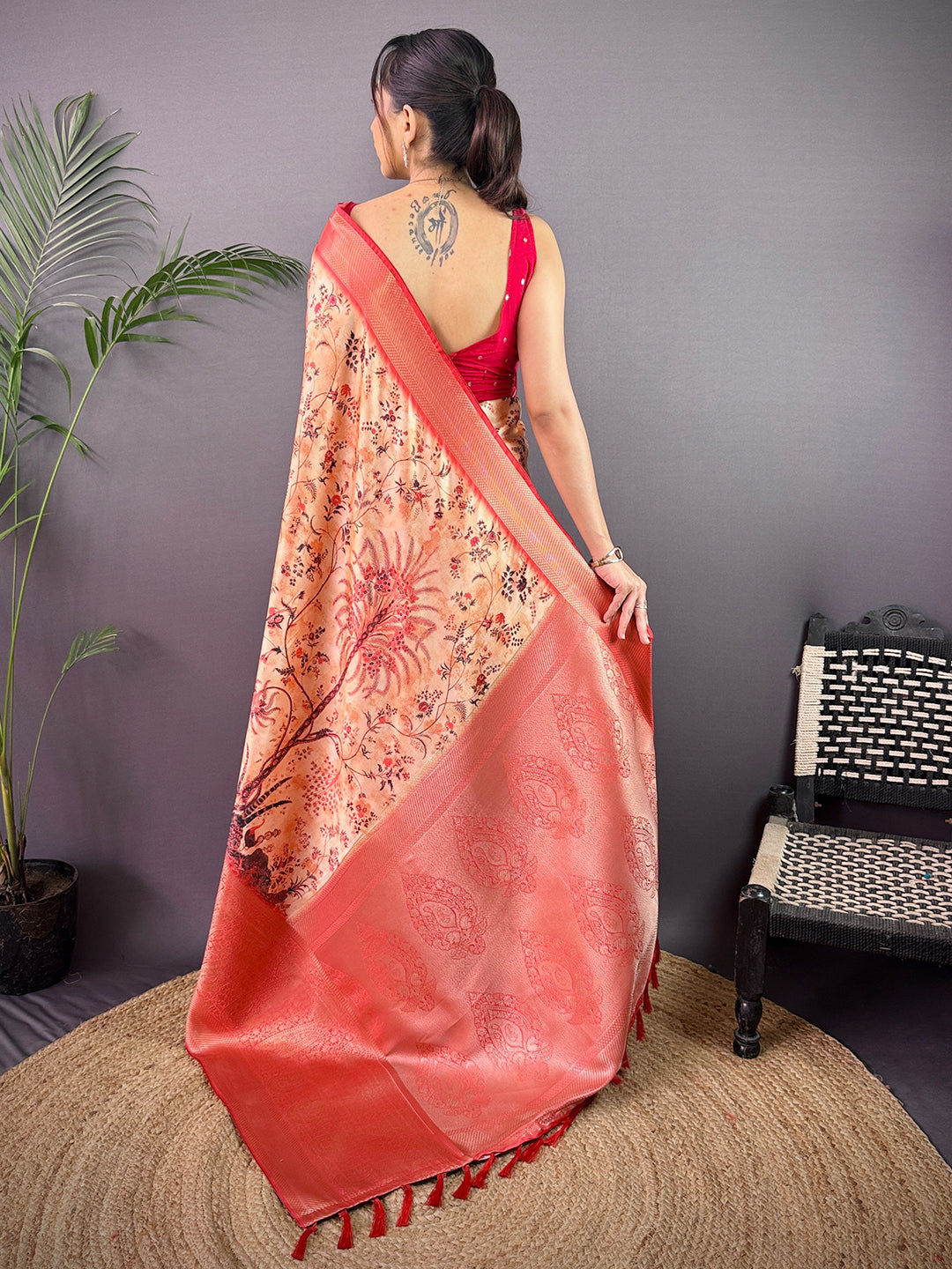 Peach Cherry Satin Kalamkari Saree by My Store