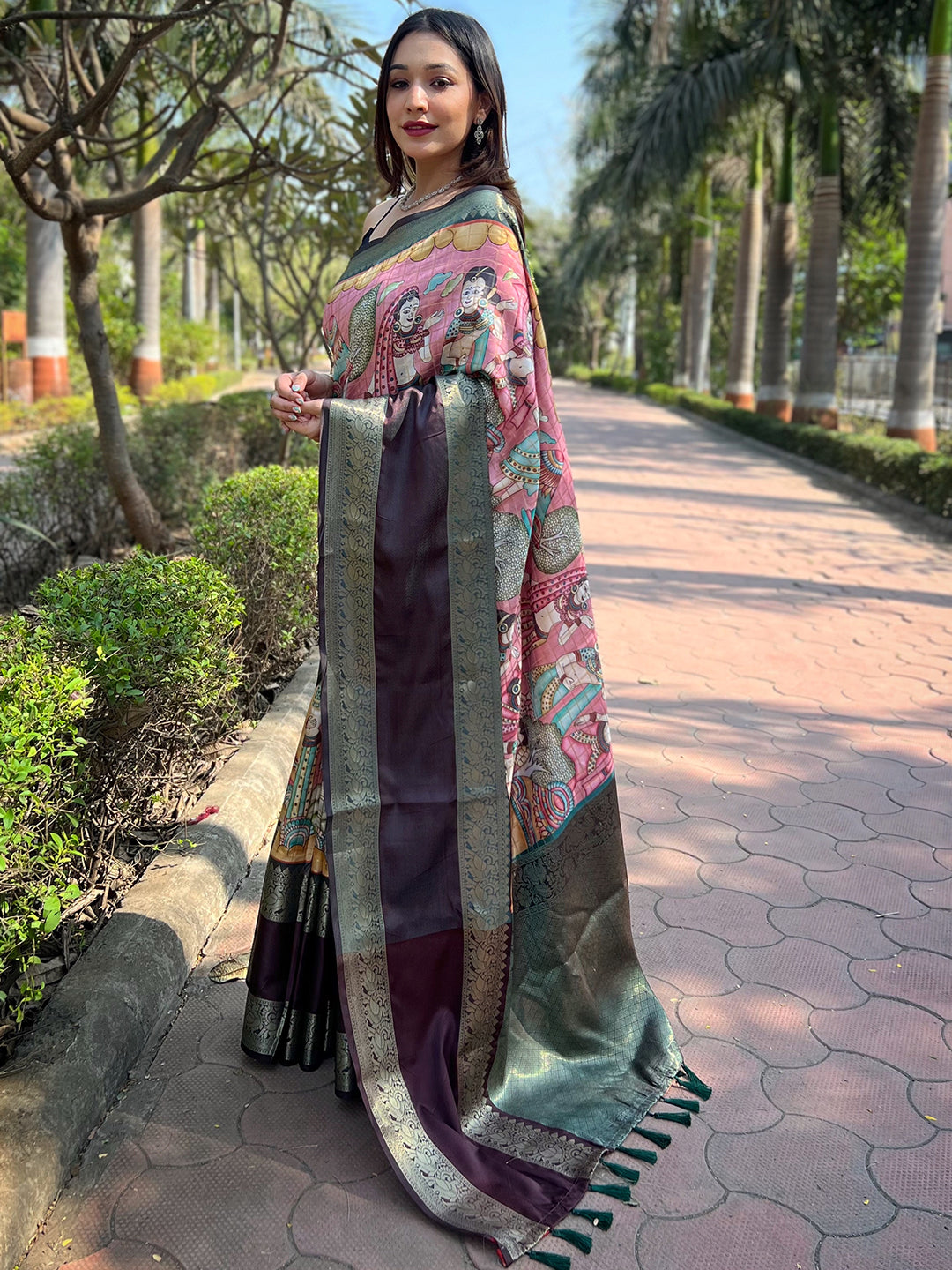 Pink Colour Double Border Chex Weaving Banarasi Soft Silk Saree by My Store